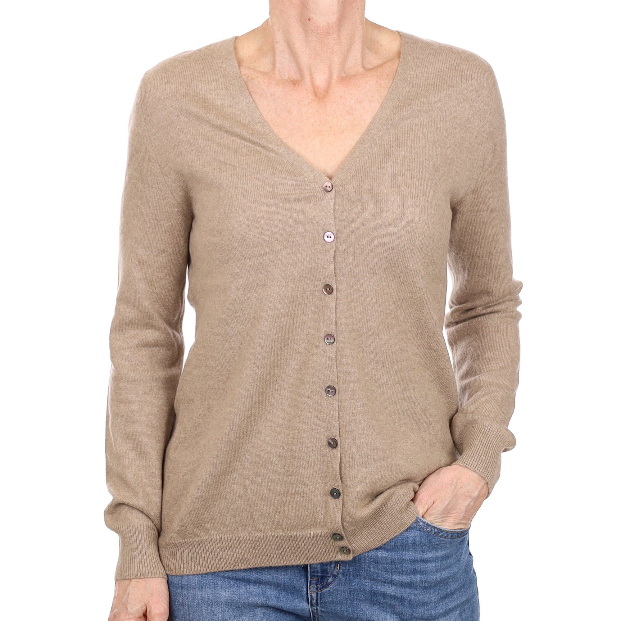 Fawn Brown Cashmere V Neck Cardigan Small