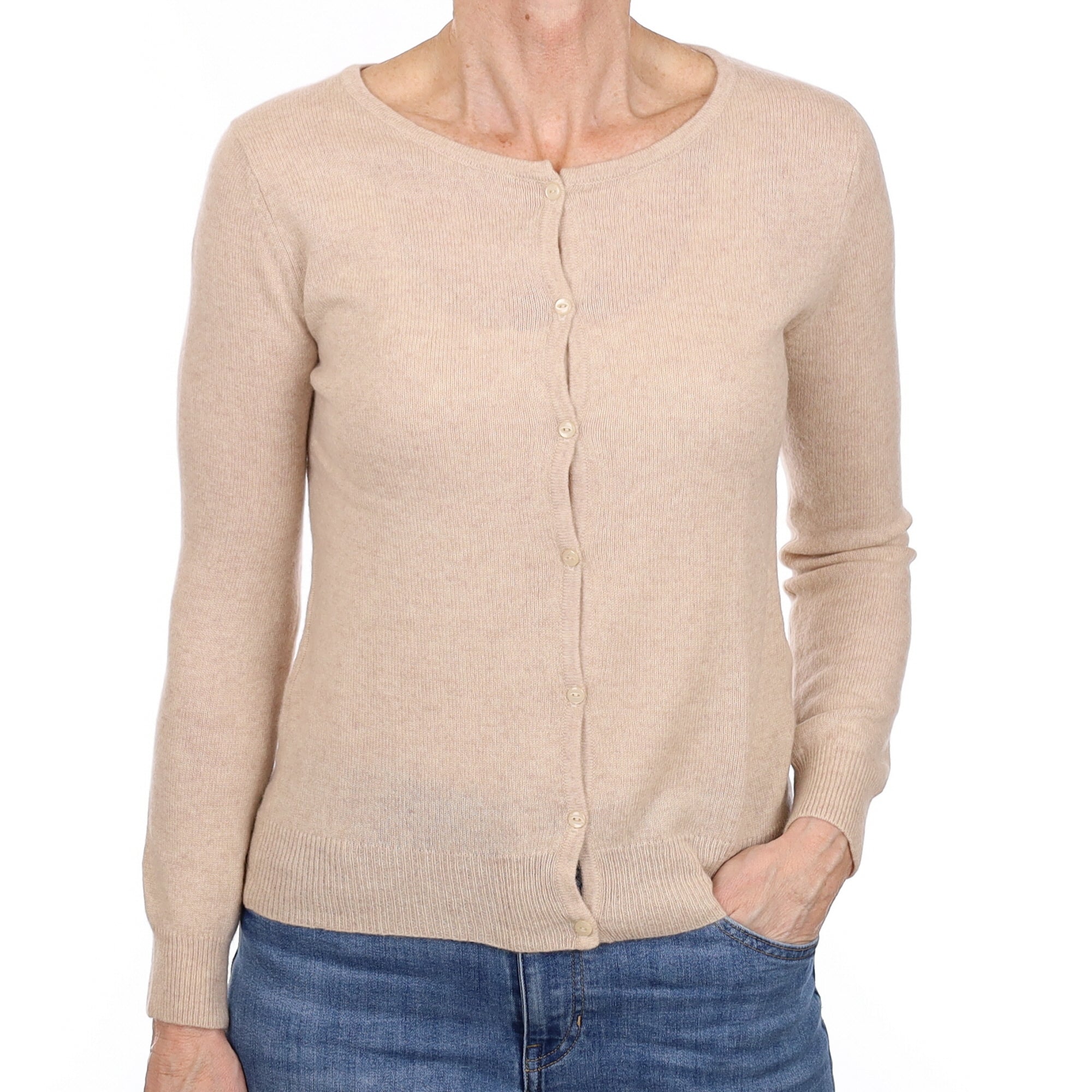 Oatmeal Cashmere Crew Neck Cardigan Small