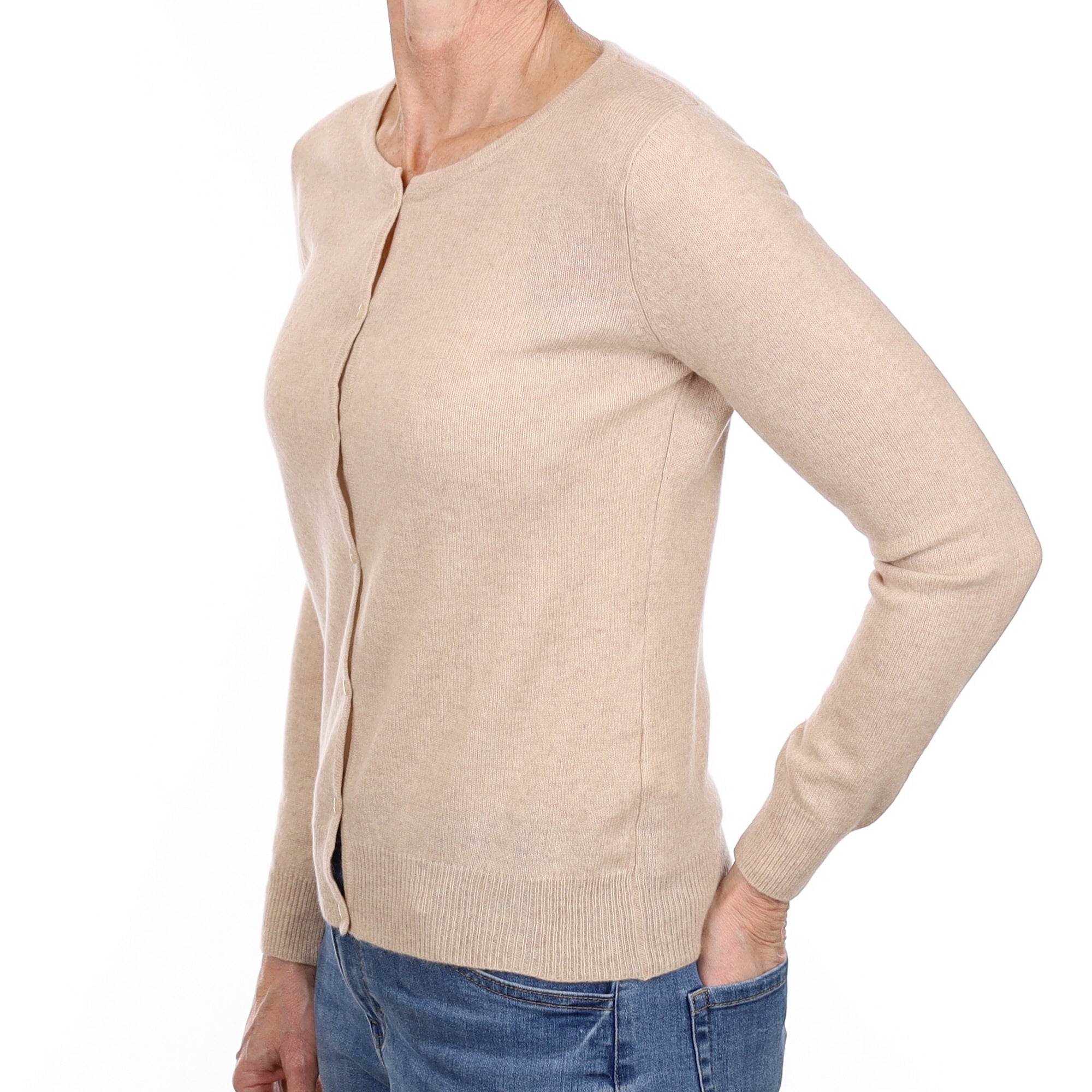 Oatmeal Cashmere Crew Neck Cardigan Small