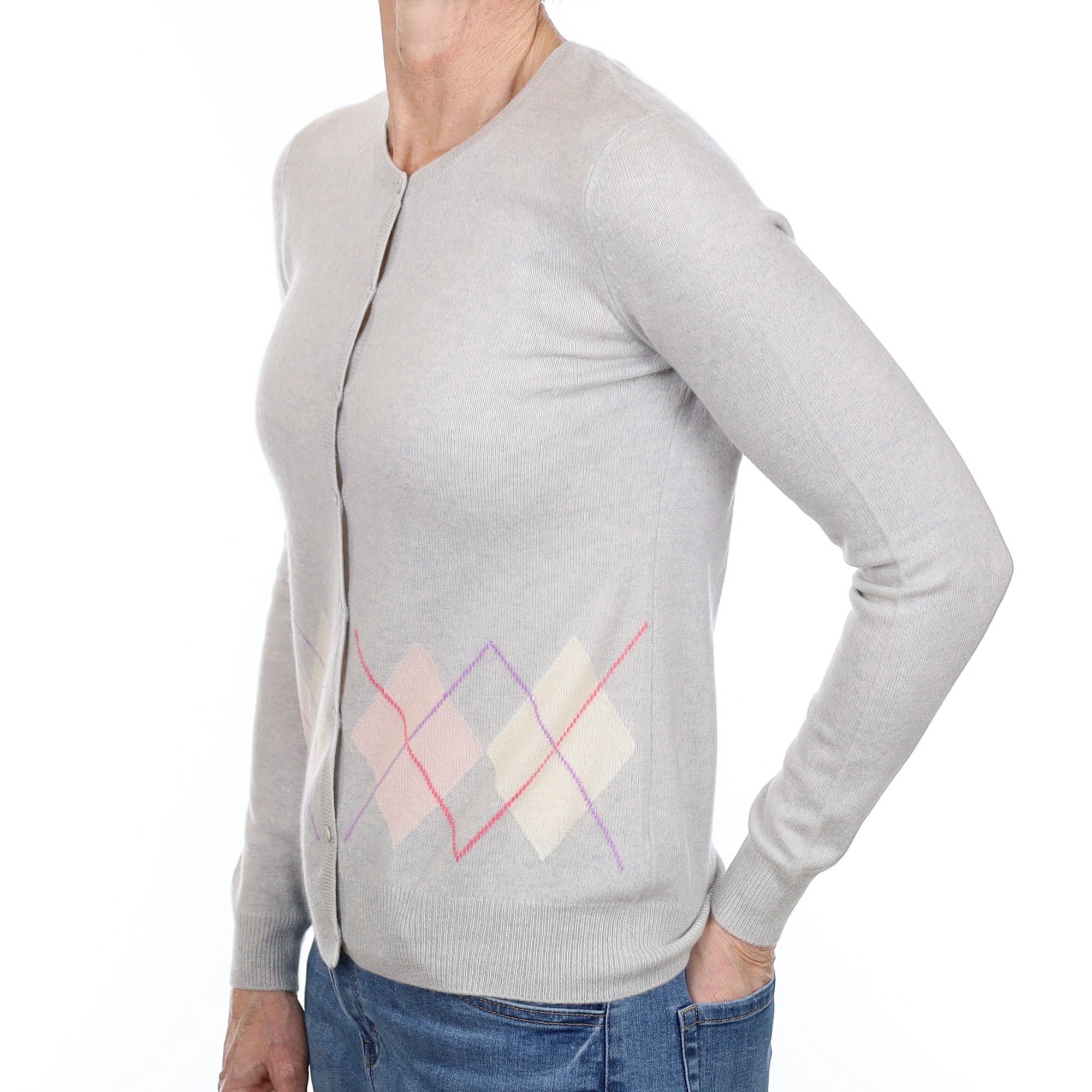 Hazy Blue Diamond Cashmere Crew Neck Cardigan Small