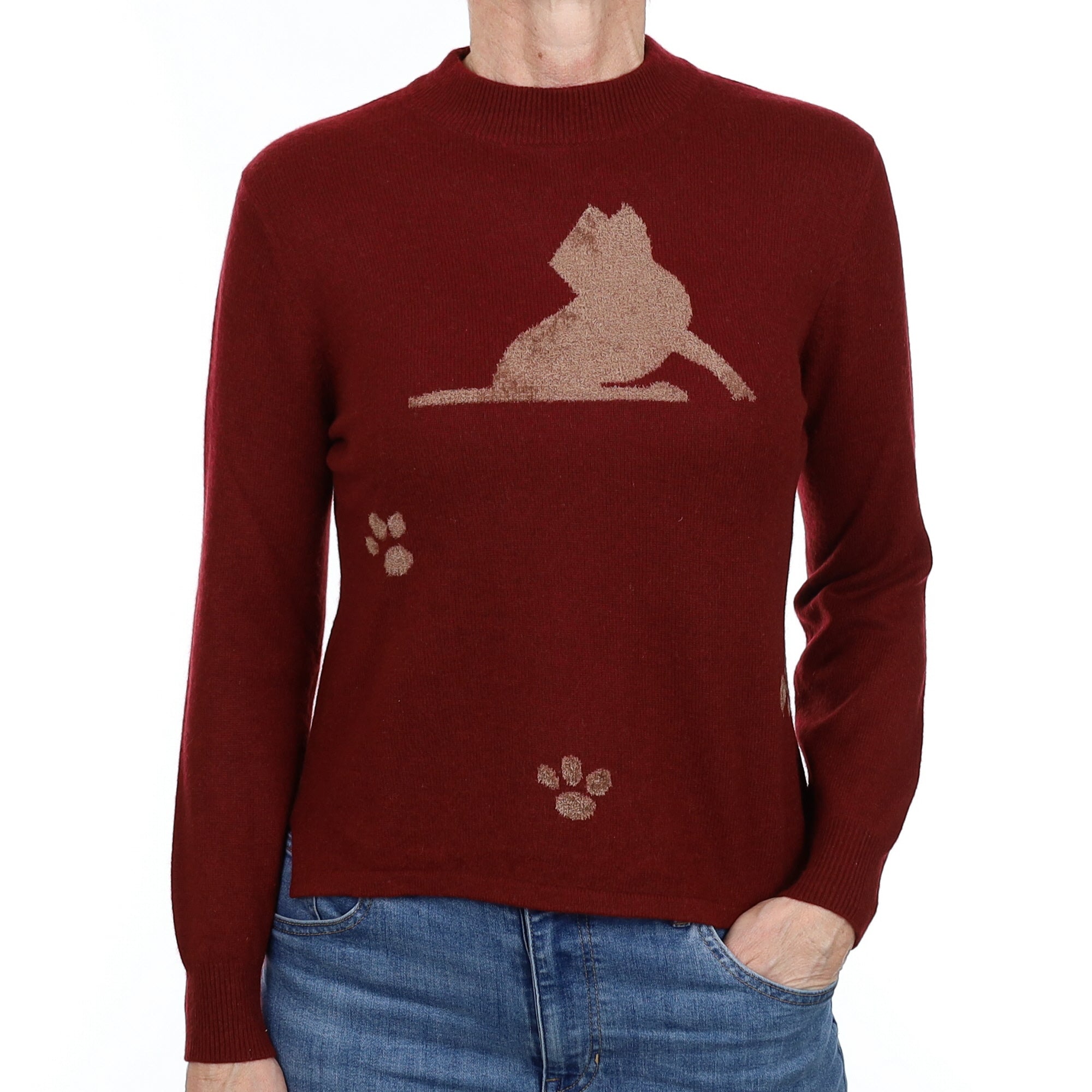 Burgundy Red Cat Motif Cashmere Turtle Neck Jumper Small