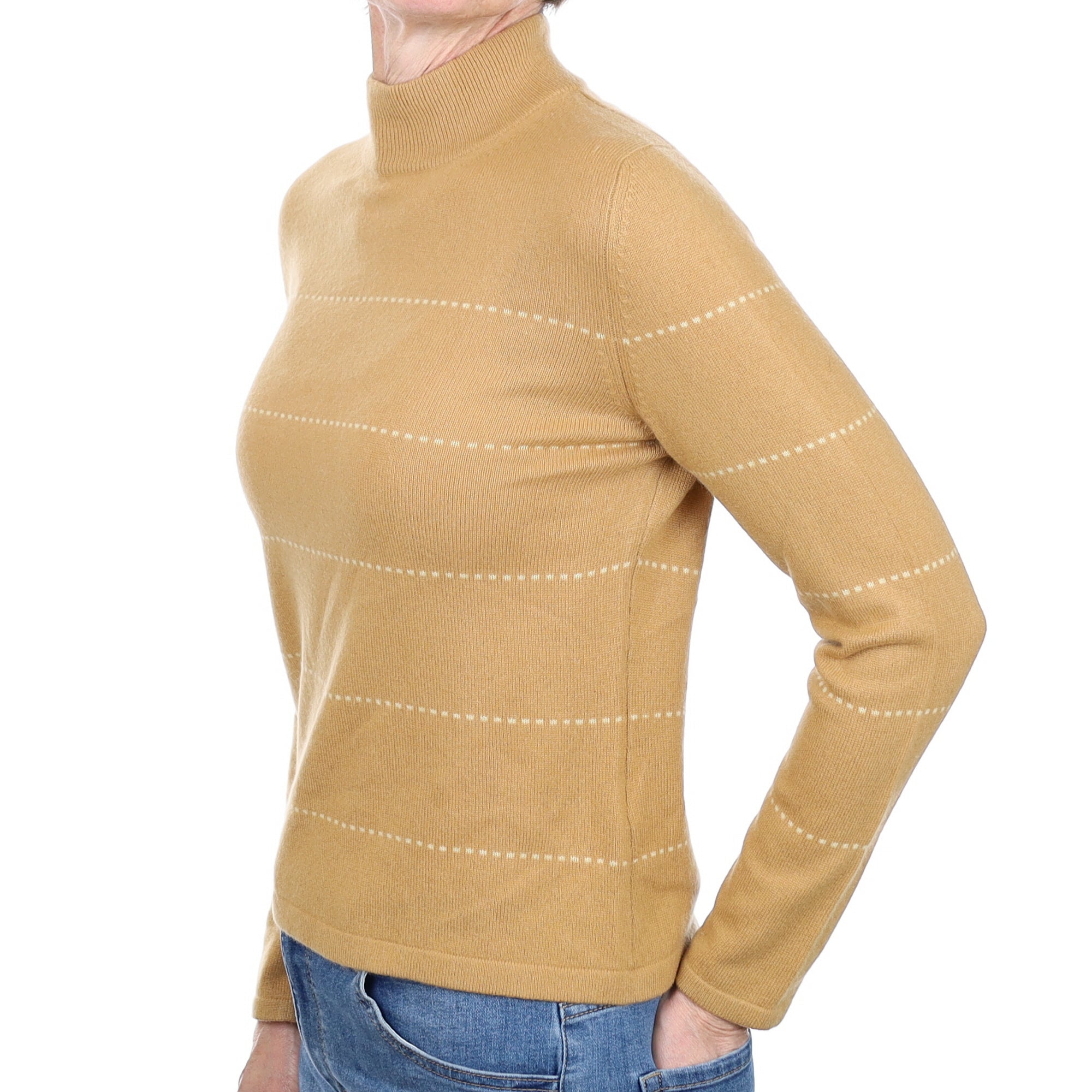 Caramel Stripe Cashmere Turtle Neck Jumper Small