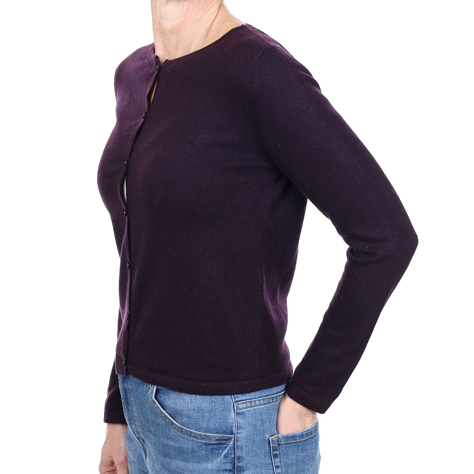 Deep Aubergine Cashmere Crew Neck Cardigan Small