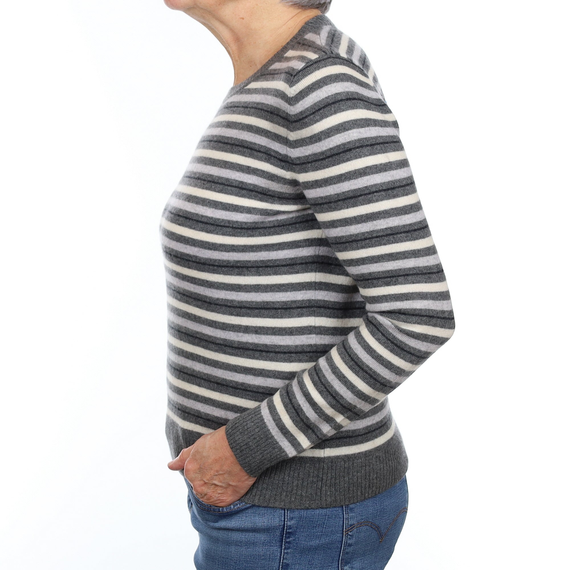 Slate Grey Striped Cashmere Crew Neck Jumper Medium