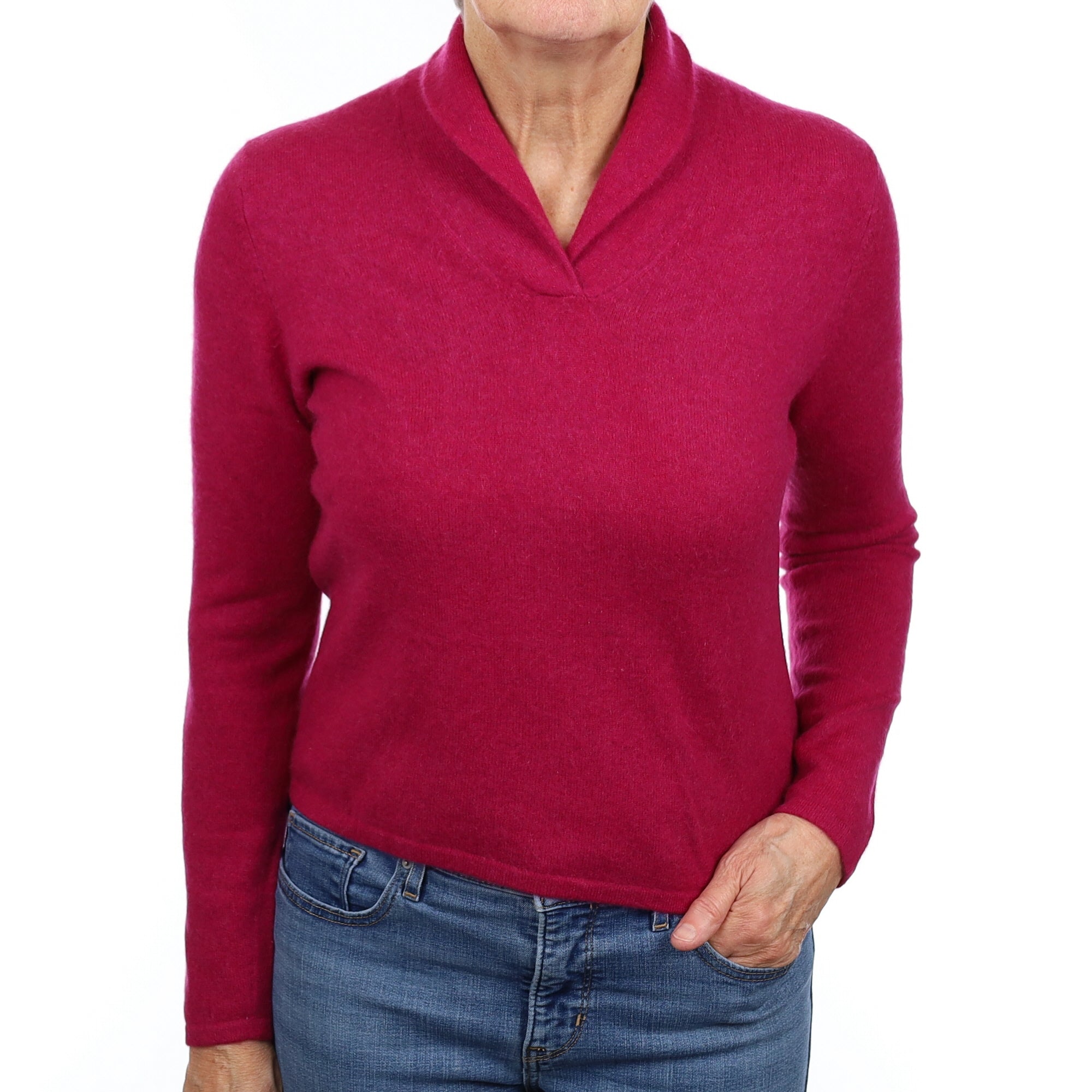 Raspberry Pink Cashmere Collared V Neck Jumper Medium