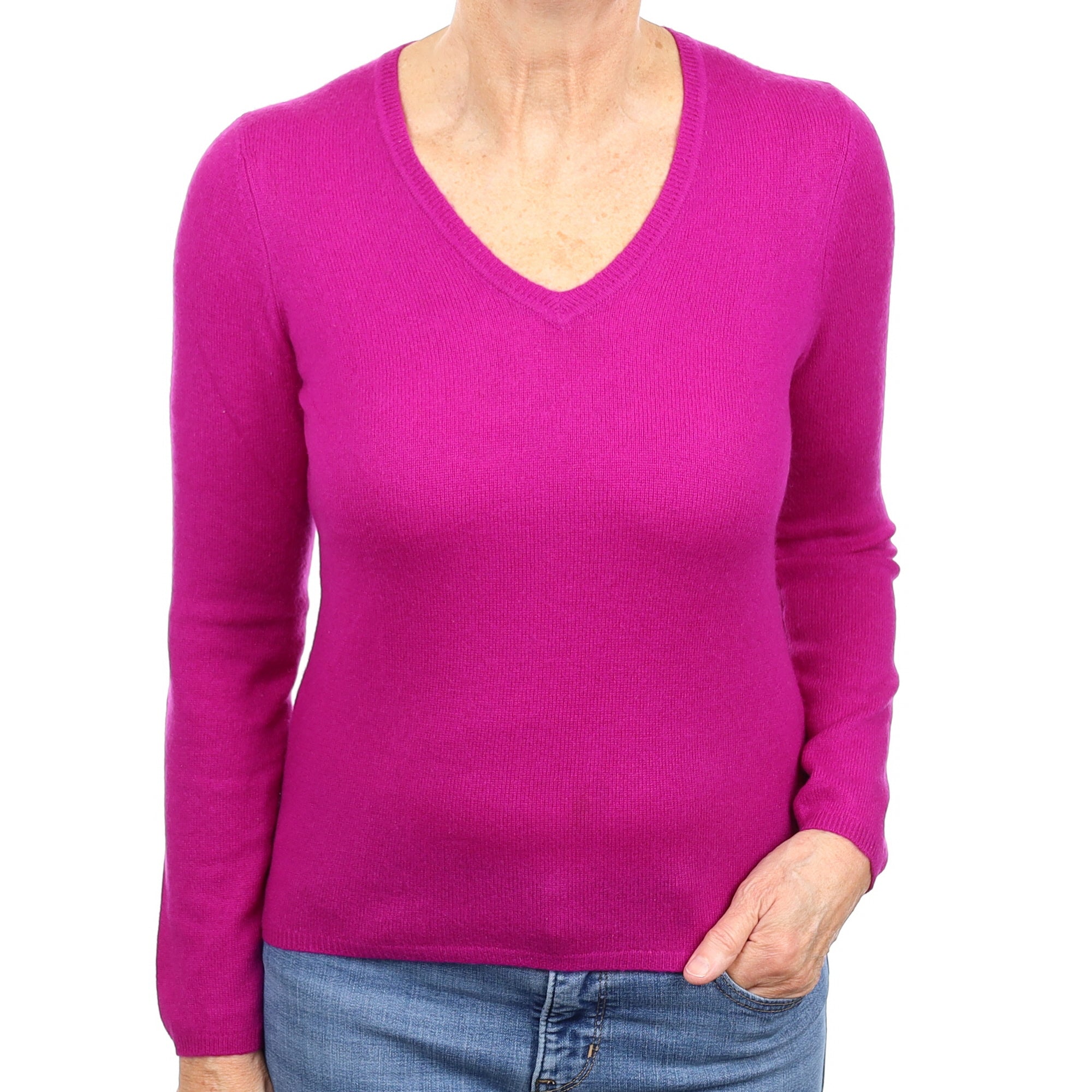 Magenta Purple Cashmere V Neck Jumper Medium
