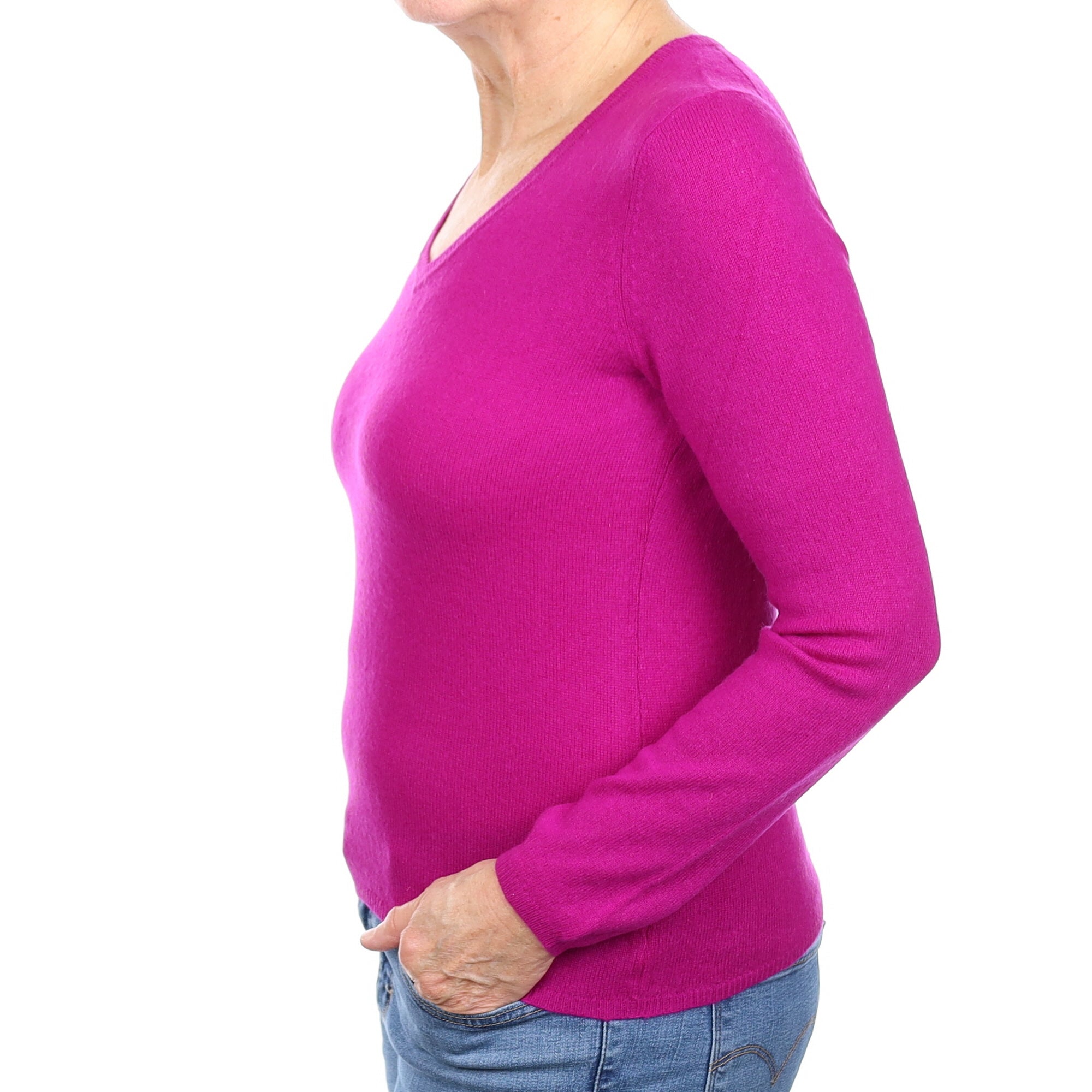 Magenta Purple Cashmere V Neck Jumper Medium