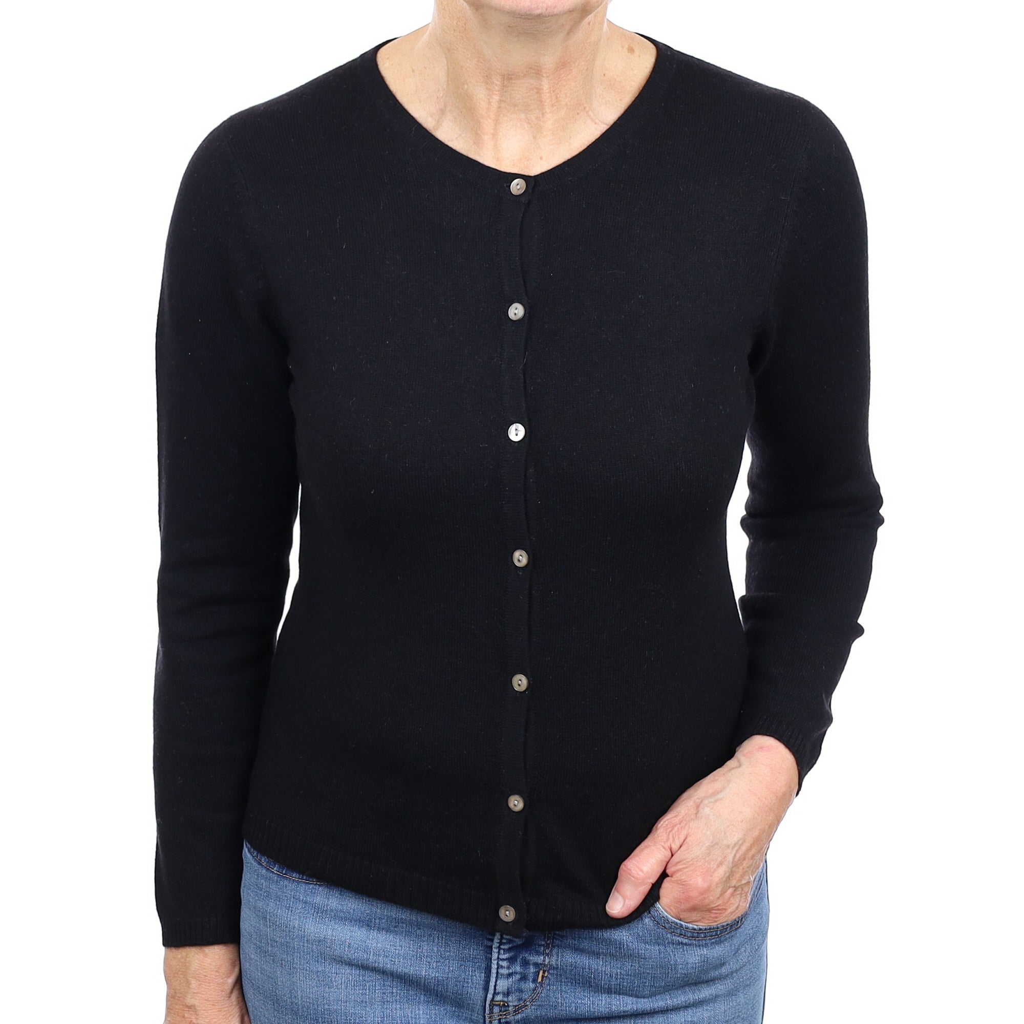 Black Cashmere Crew Neck Cardigan Medium