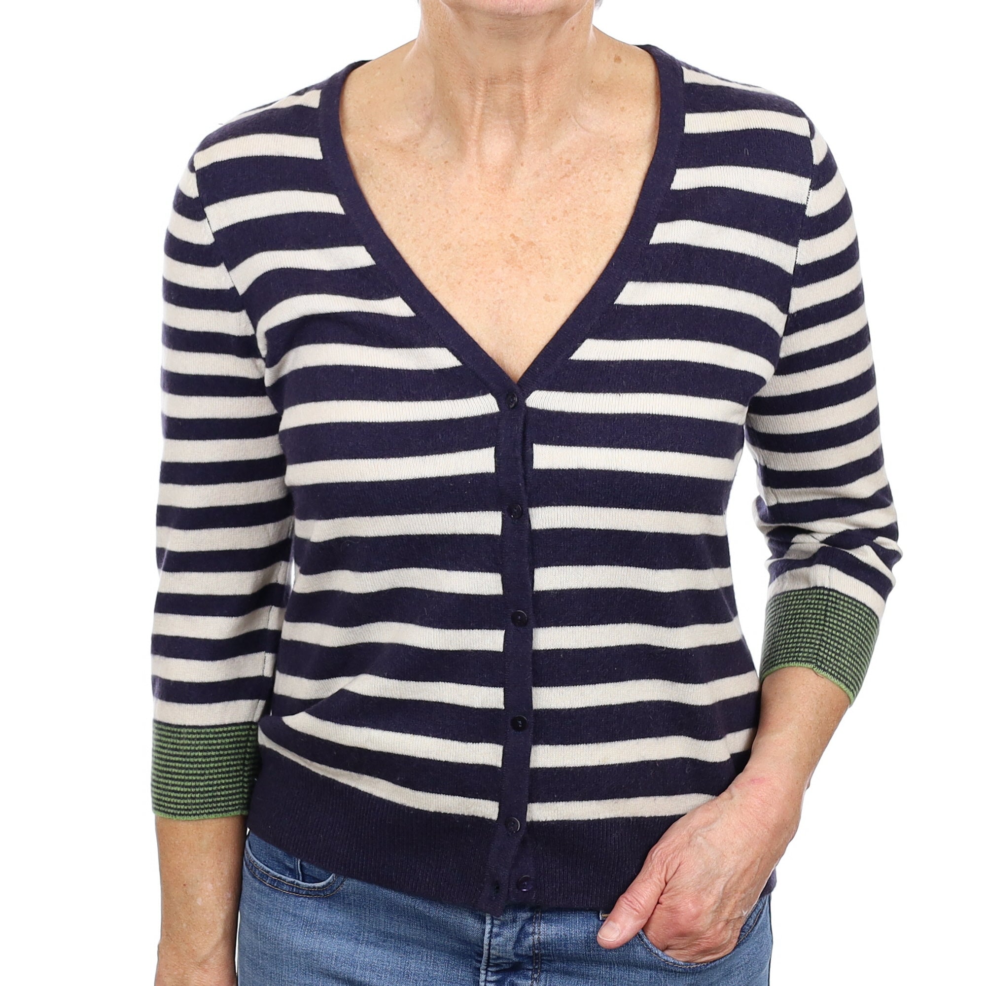 Navy Stripe Cashmere V neck Cardigan Medium