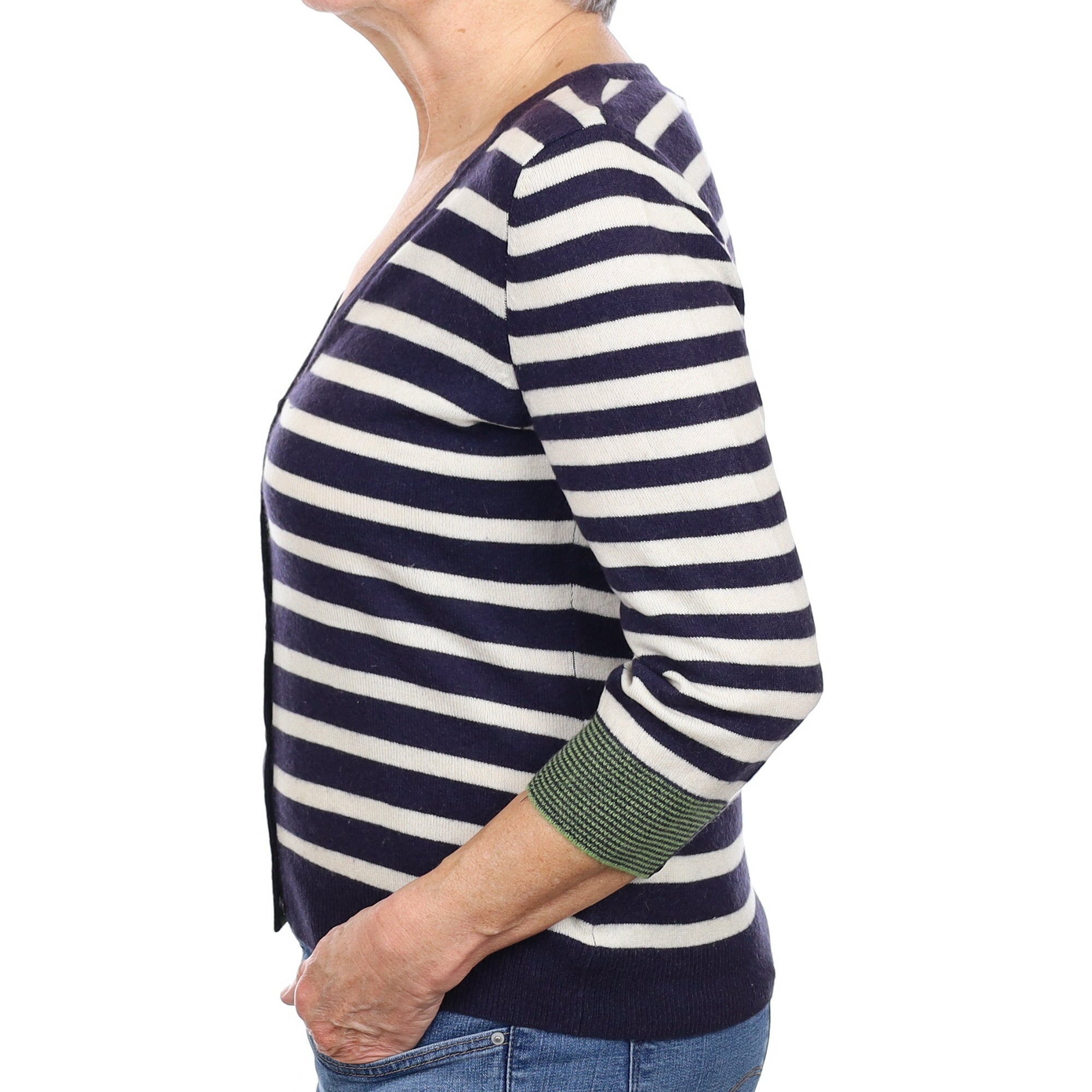 Navy Stripe Cashmere V neck Cardigan Medium