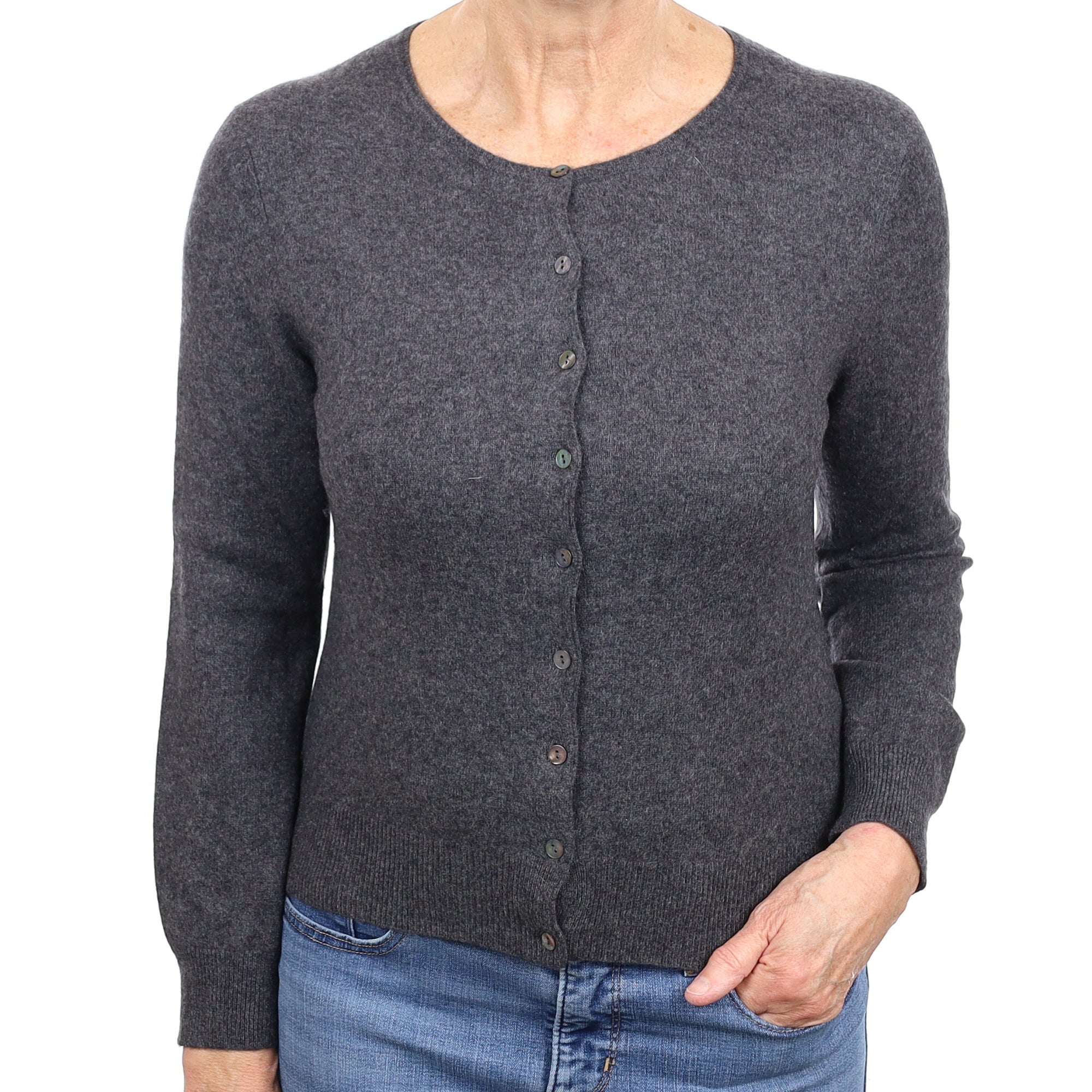 Slate Grey Cashmere Crew Neck Cardigan Medium