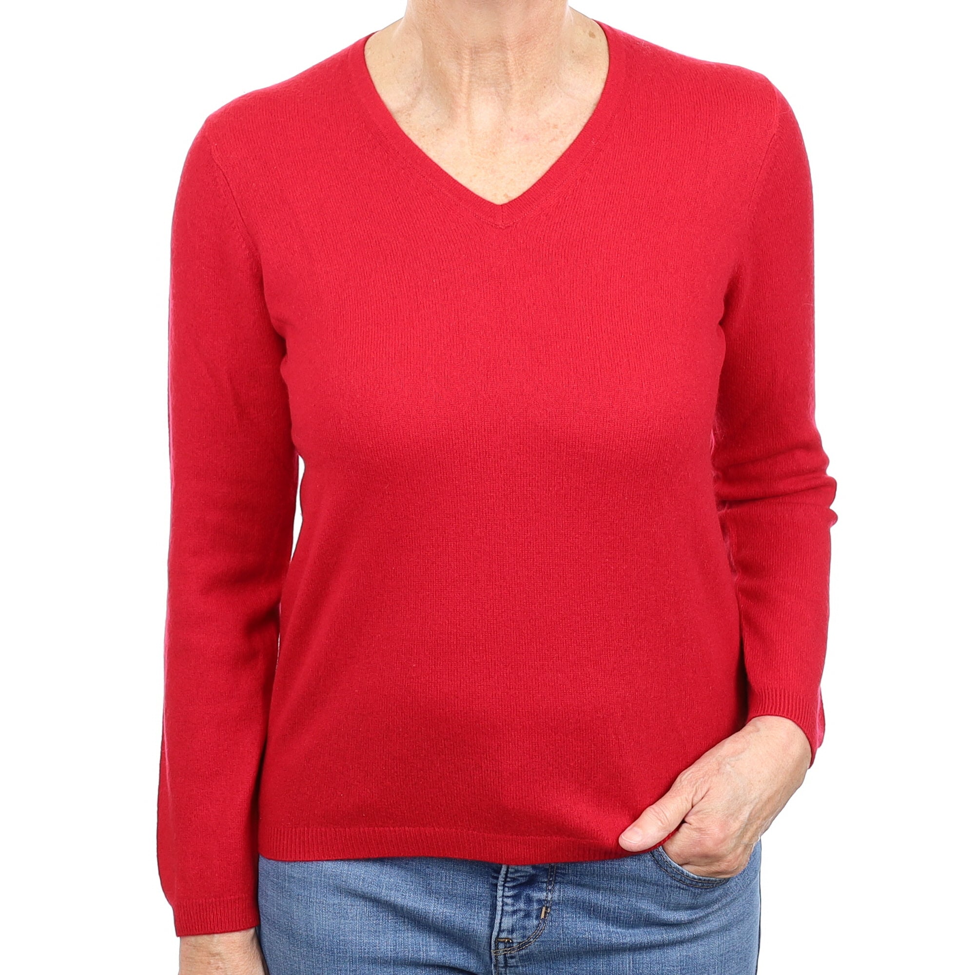 Post Box Red Cashmere V Neck Jumper Medium