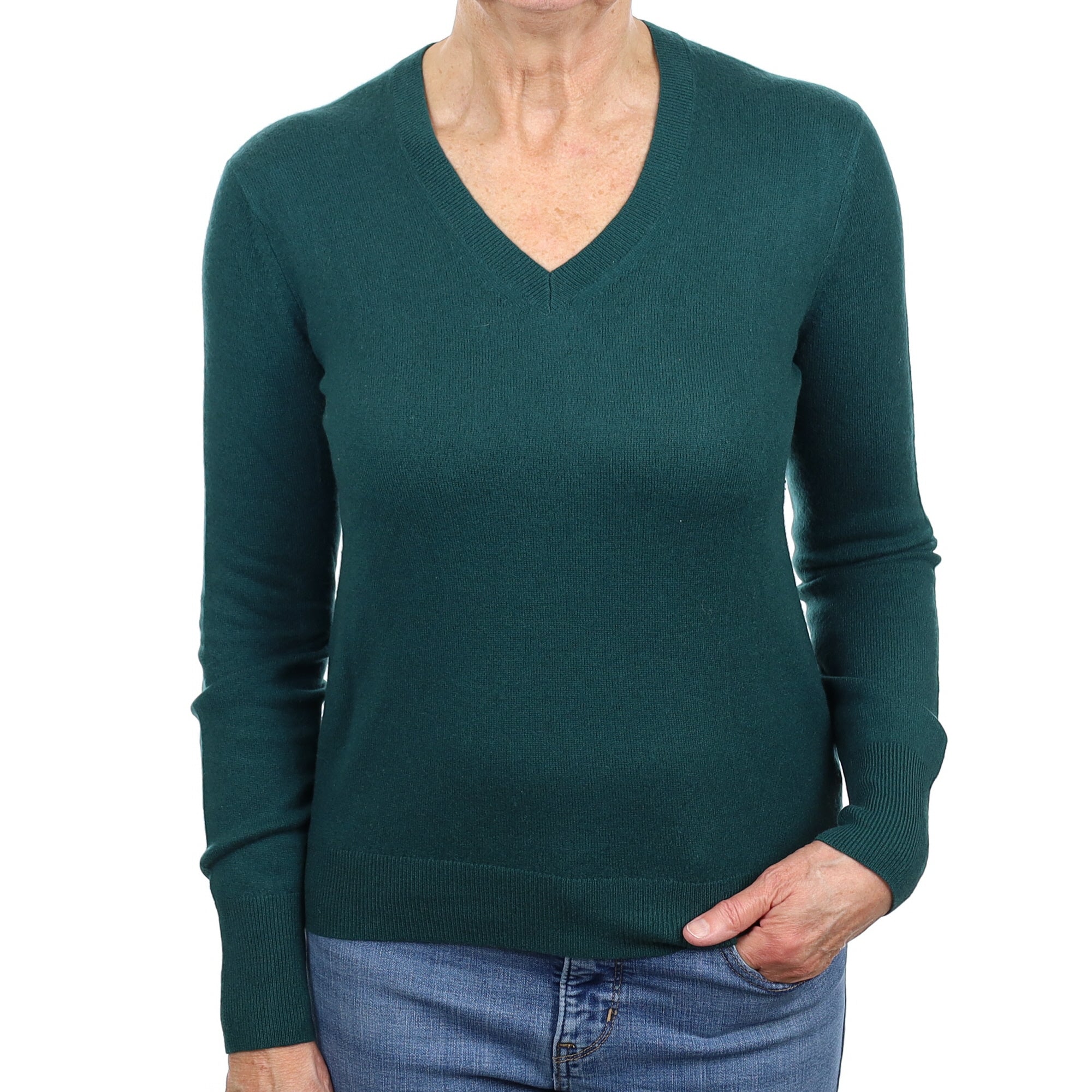 Forest Green Cashmere V Neck Jumper Medium