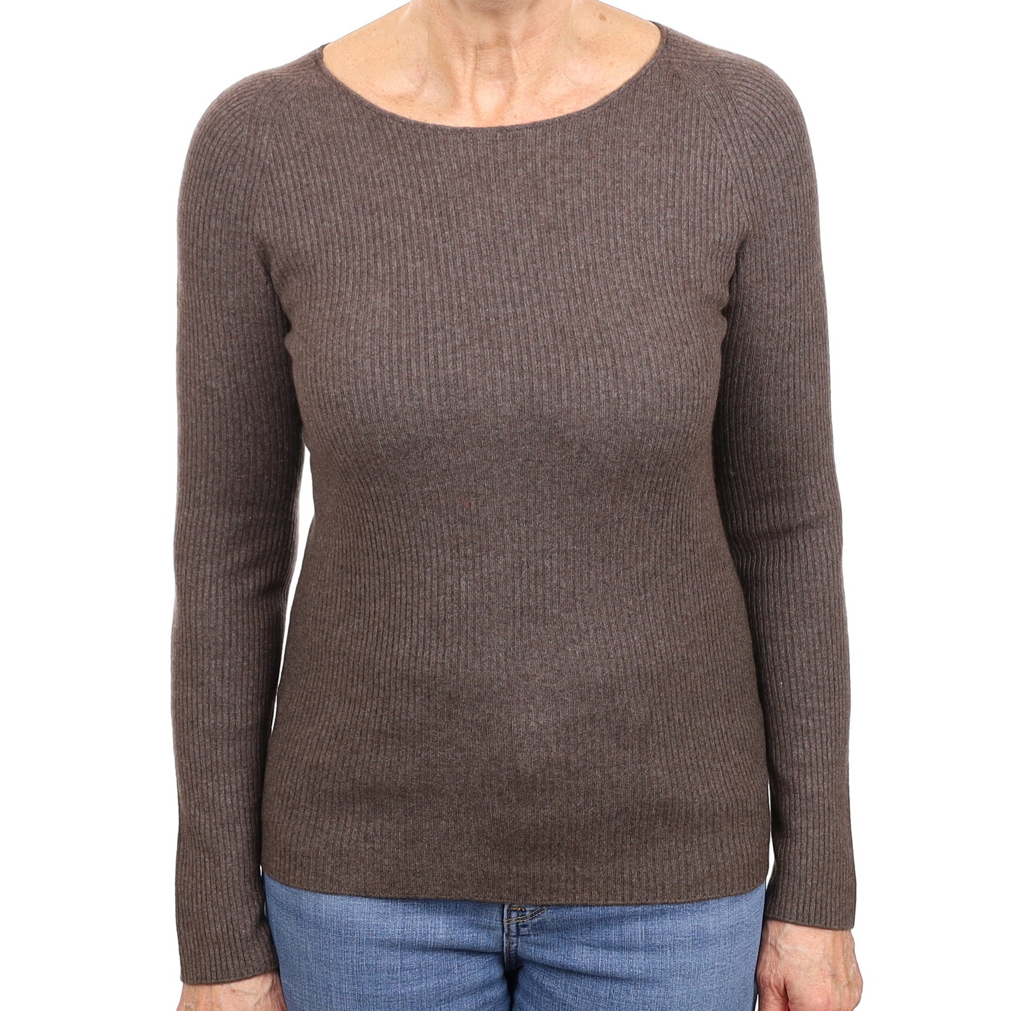 Muted Brown Ribbed Cashmere Crew Neck Jumper Medium