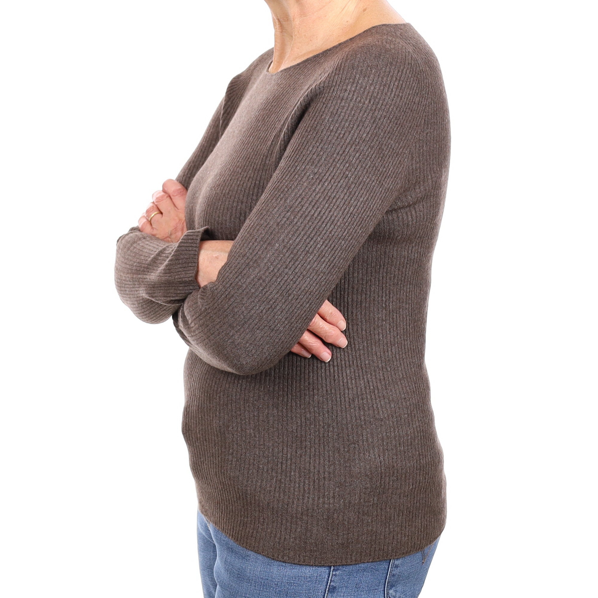 Muted Brown Ribbed Cashmere Crew Neck Jumper Medium