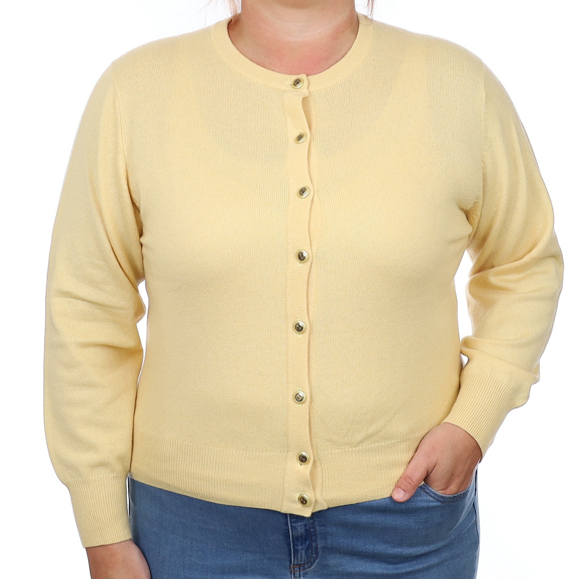 Custard Yellow Cashmere Crew Neck Cardigan Large