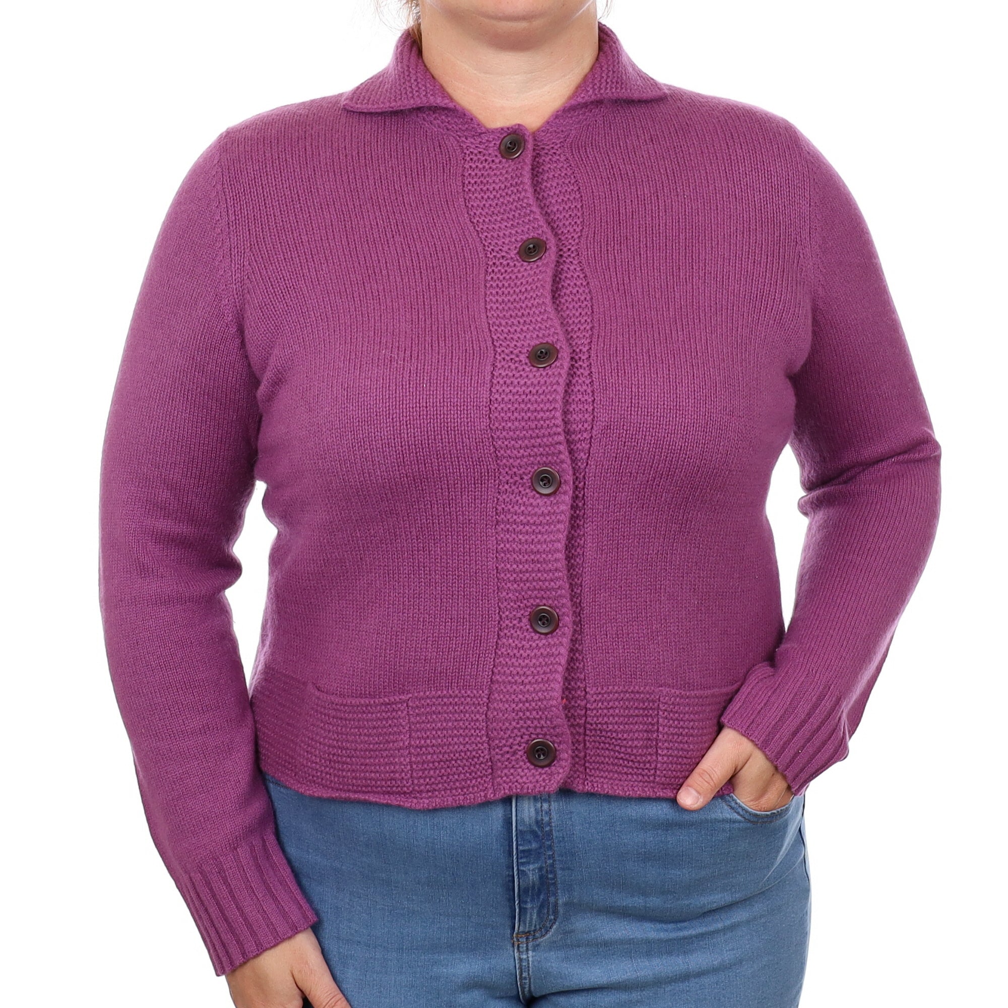 Viola Purple Cashmere Collared Cardigan with Pockets Large