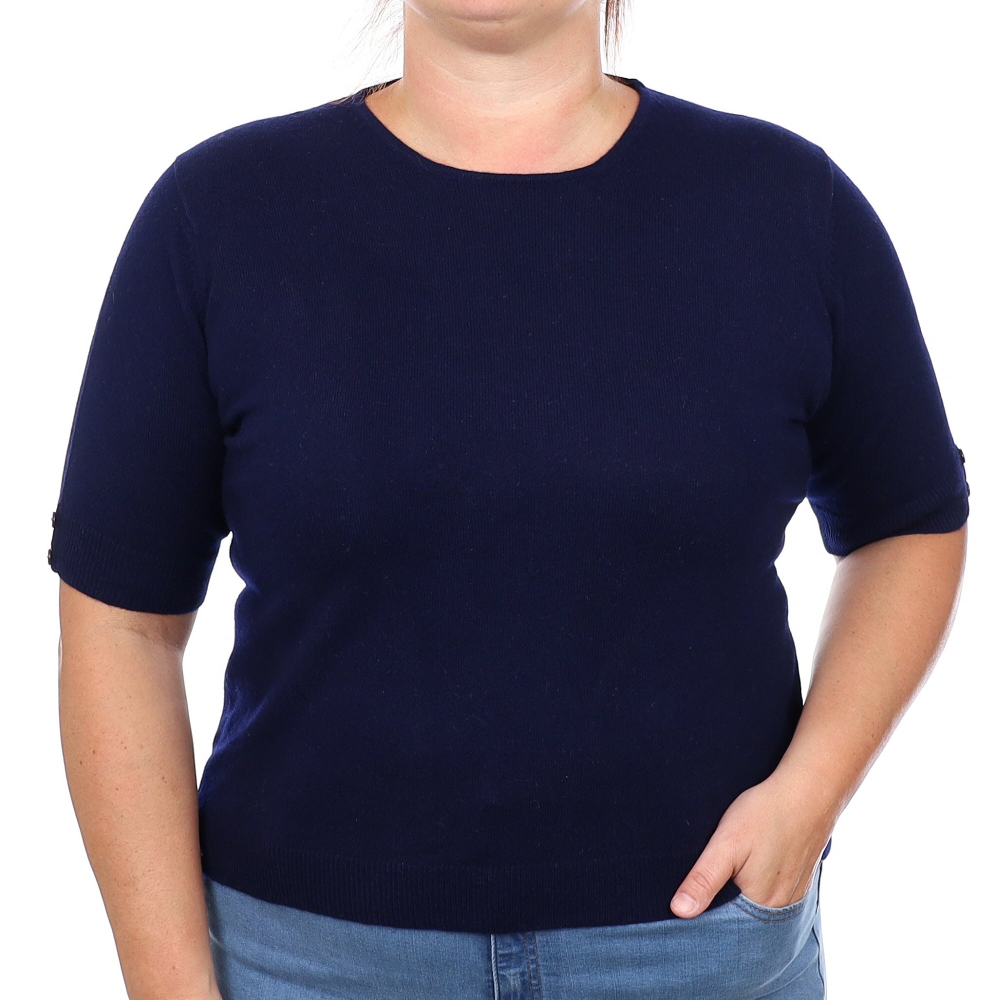 Navy Cashmere Short Sleeve Crew Neck Jumper Large