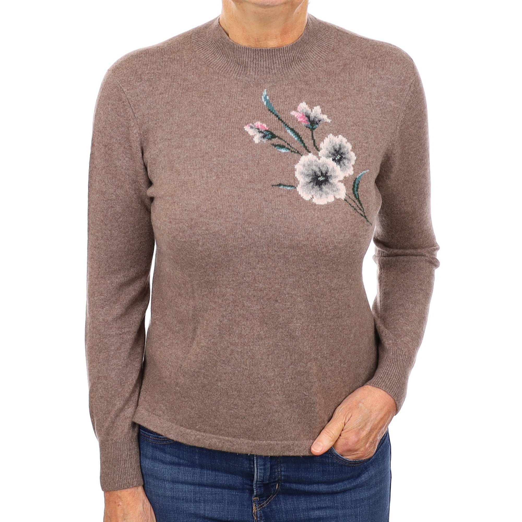 Taupe Brown Floral Cashmere Turtle Neck Jumper Medium