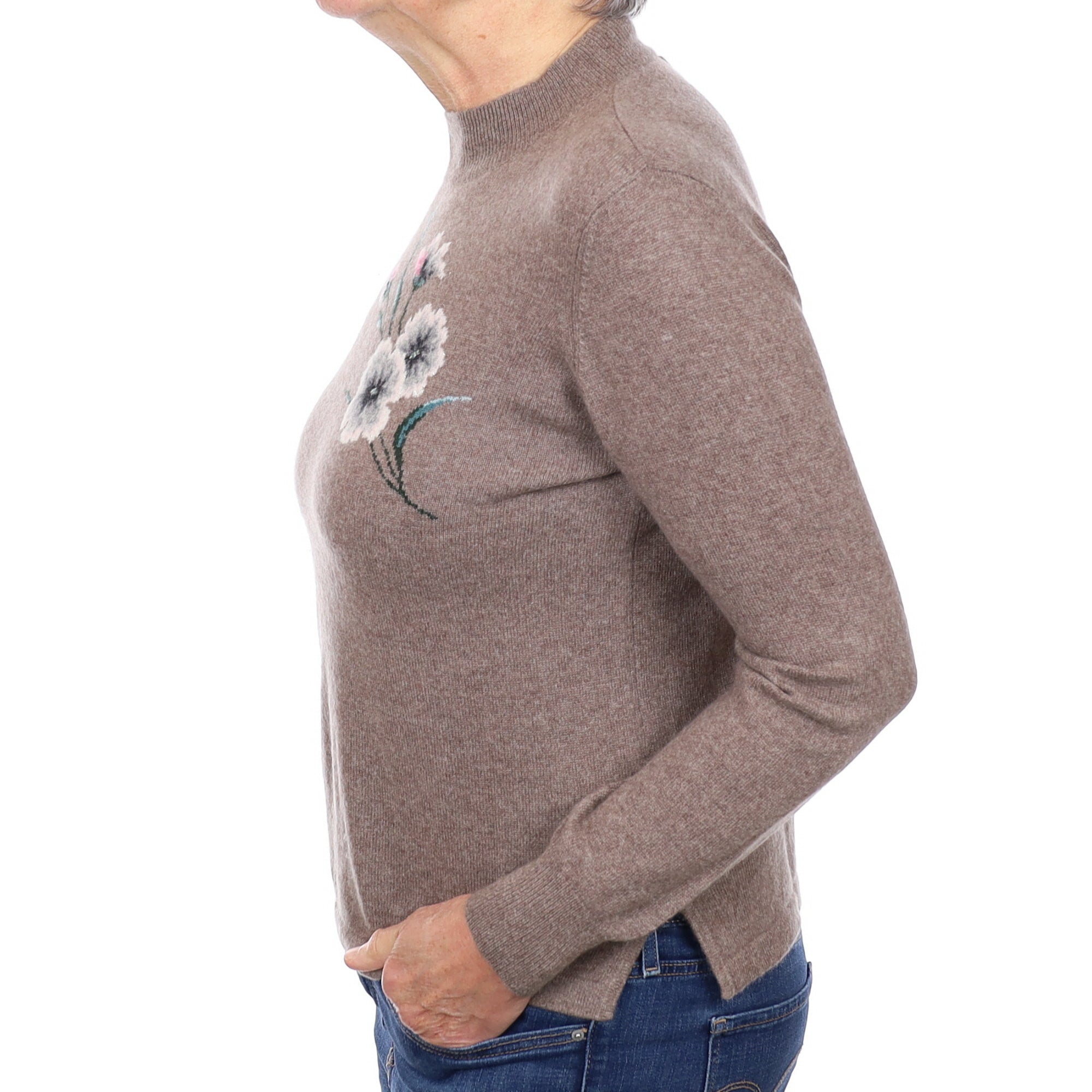 Taupe Brown Floral Cashmere Turtle Neck Jumper Medium