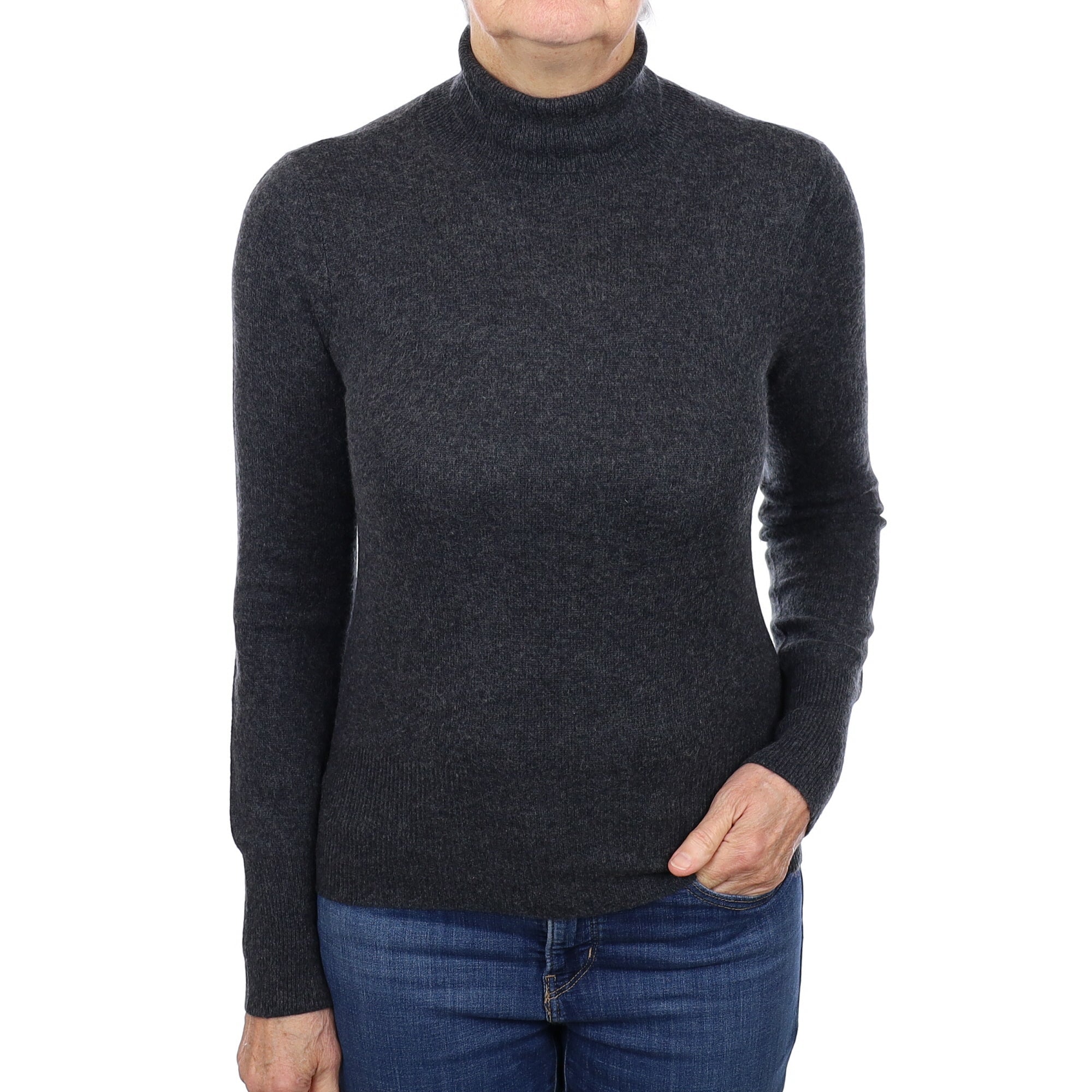 Charcoal Grey Cashmere Polo Neck Jumper Medium