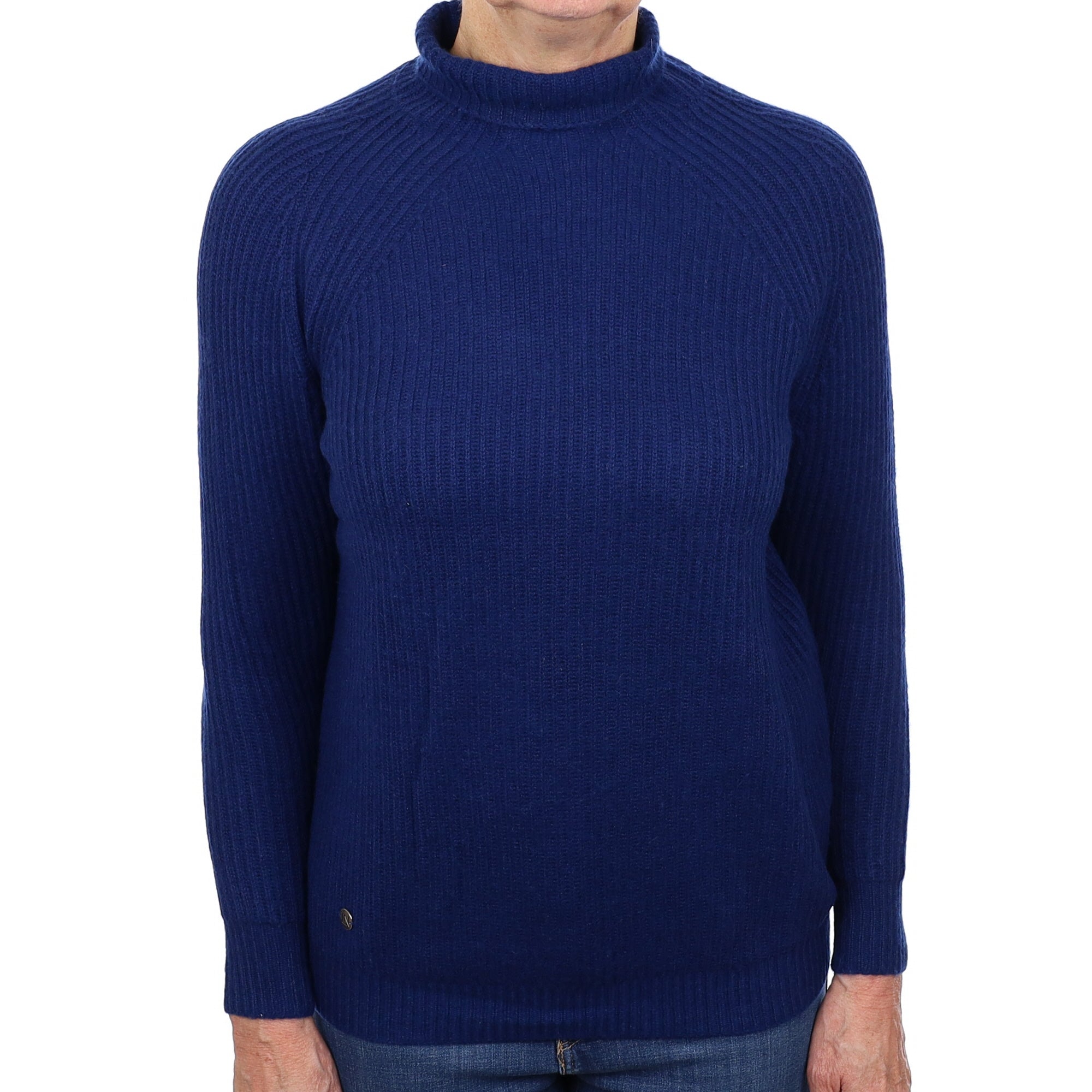 French Navy Rib Cashmere Polo Neck Jumper Medium