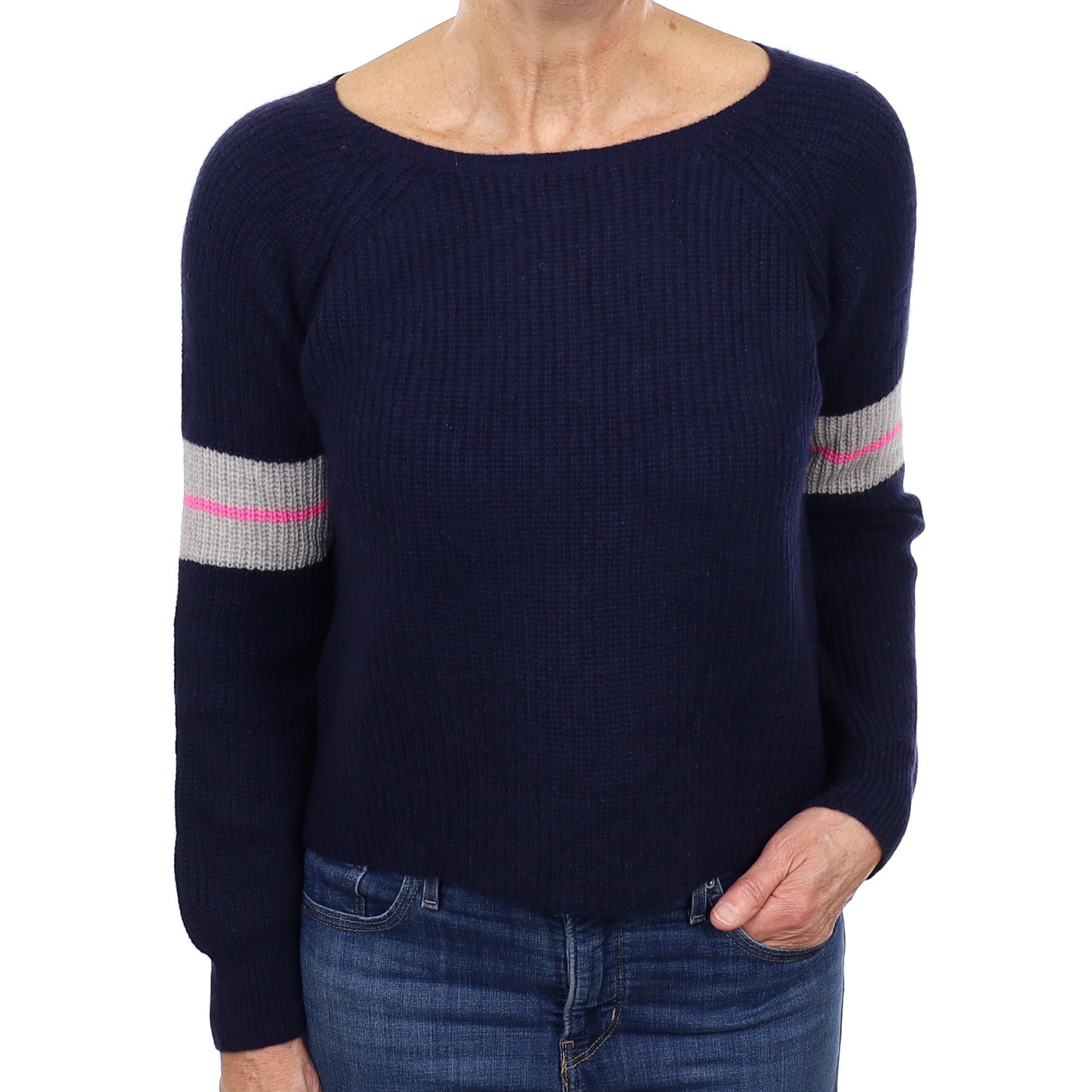 Navy Stripe Sleeve Cashmere Wide Crew Neck Jumper Medium