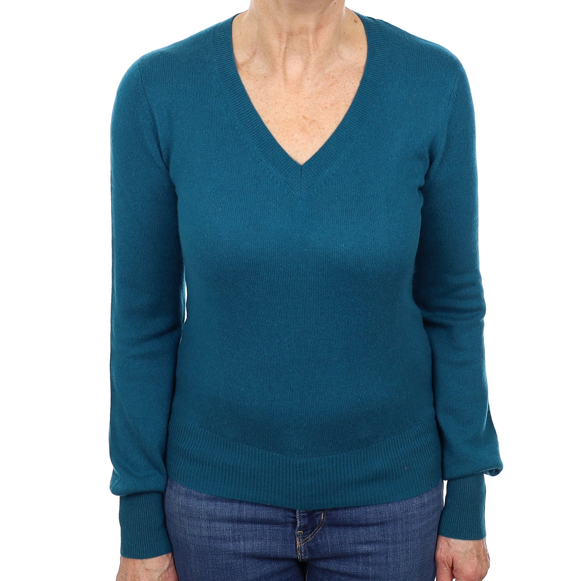 Teal Green Cashmere V Neck Jumper Medium