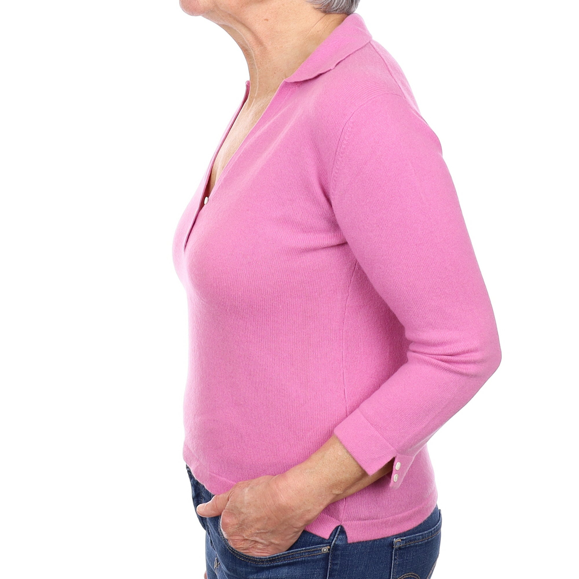 Foxglove Pink Cashmere Collared V Neck Jumper Medium
