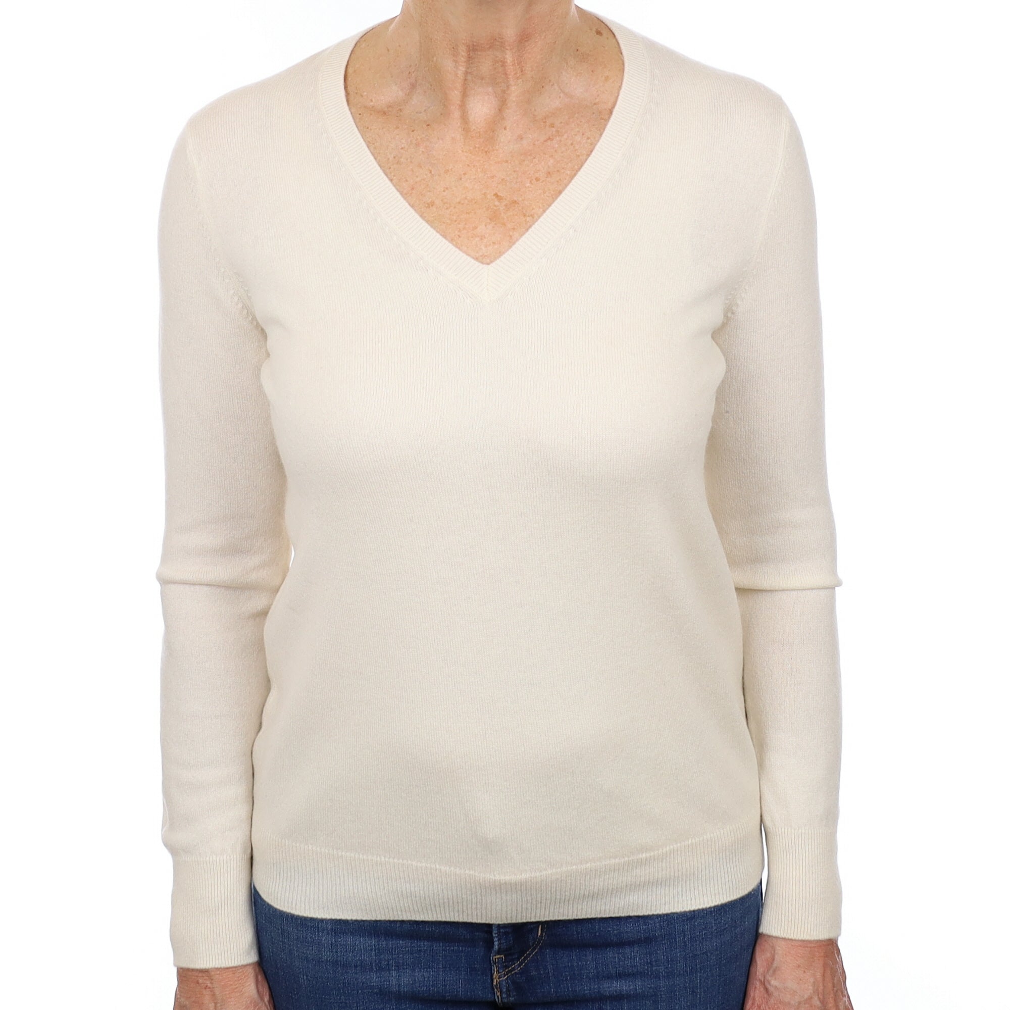 Vanilla Cream Cashmere V Neck Jumper Medium