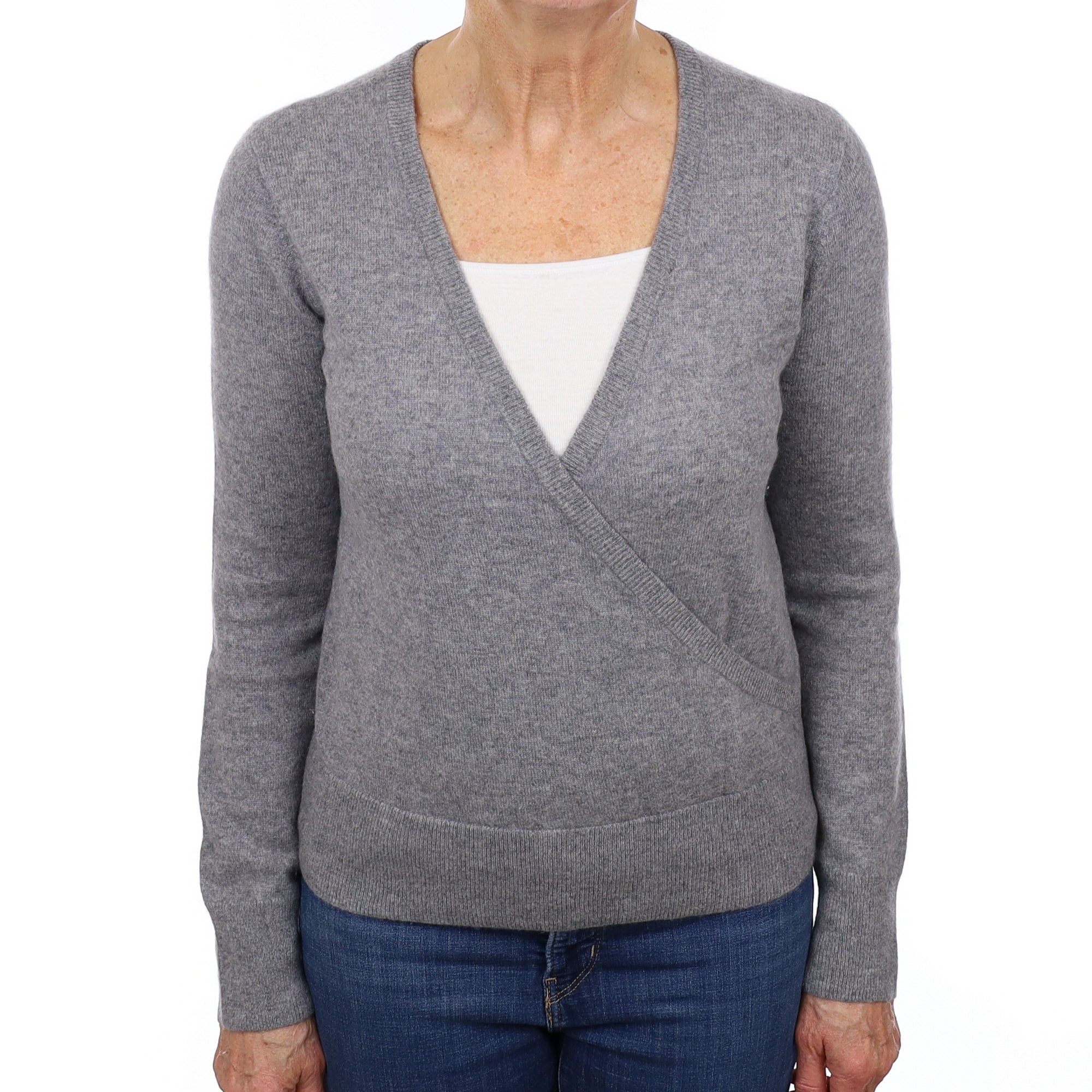 Ash Grey Cashmere Cross Over V Neck Jumper Medium