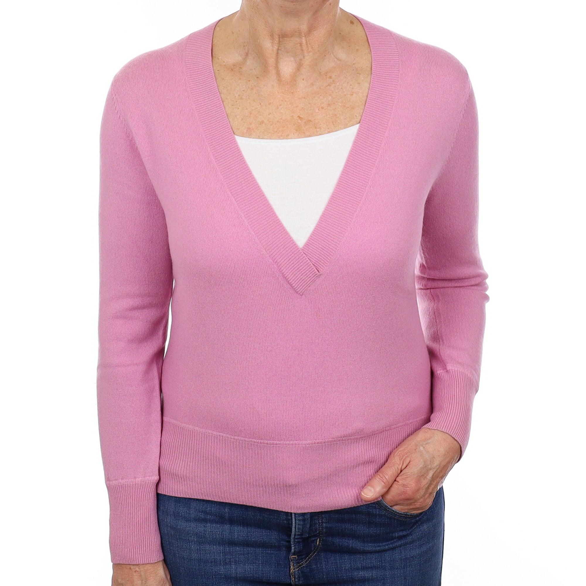 Mauve Pink Cashmere V Neck Jumper Medium