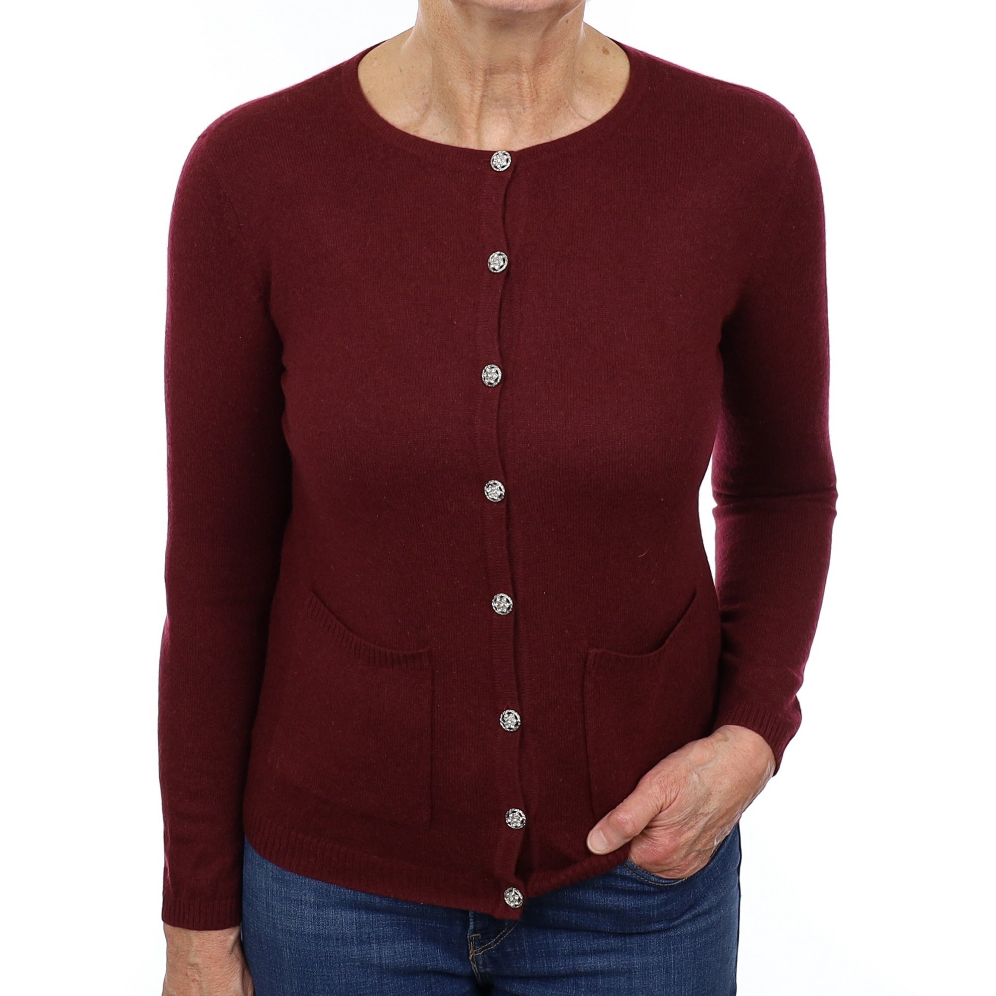 Mulberry Purple Cashmere Crew Neck Cardigan with pockets Medium