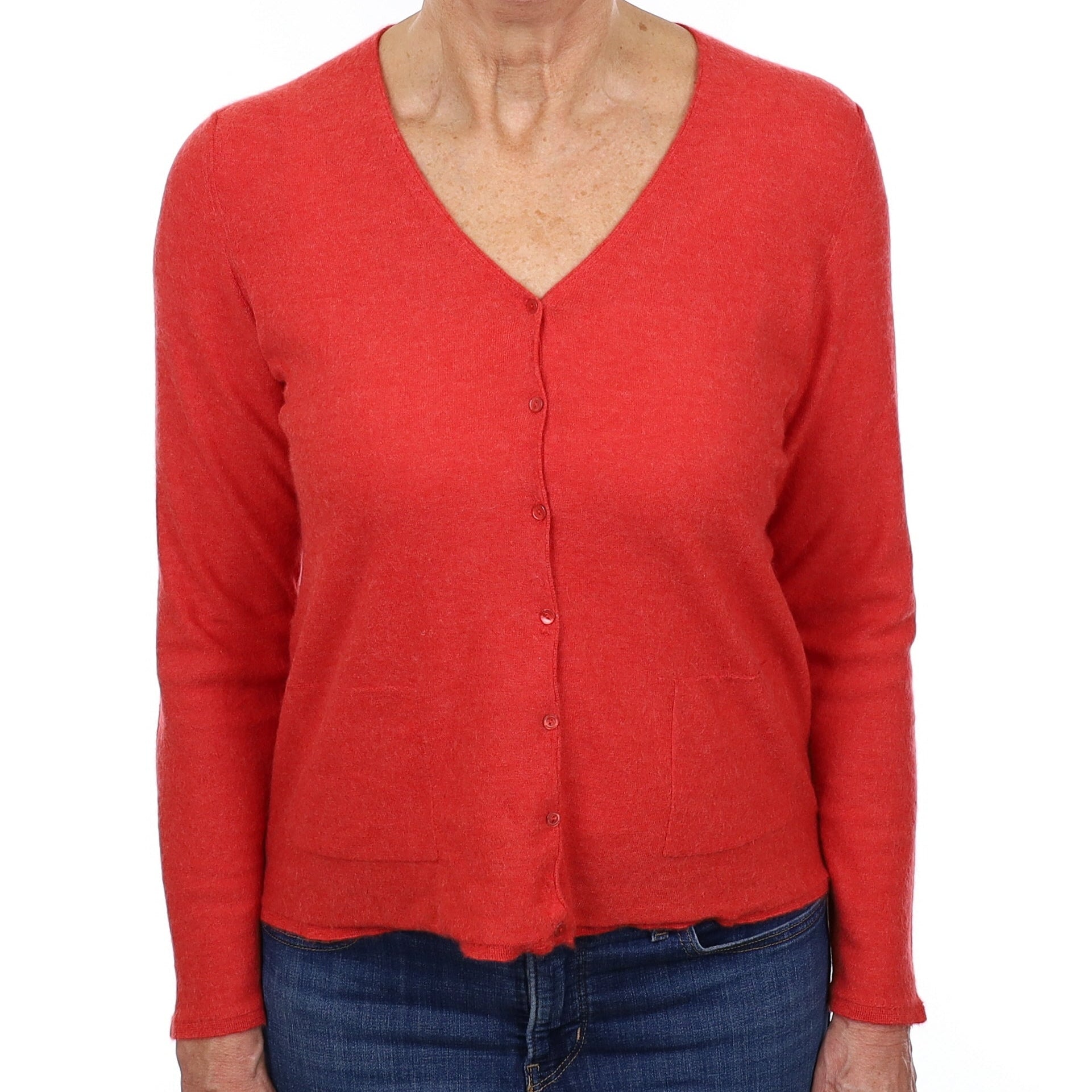 Vermillion Red Cashmere Fine Knit V Neck Cardigan Medium