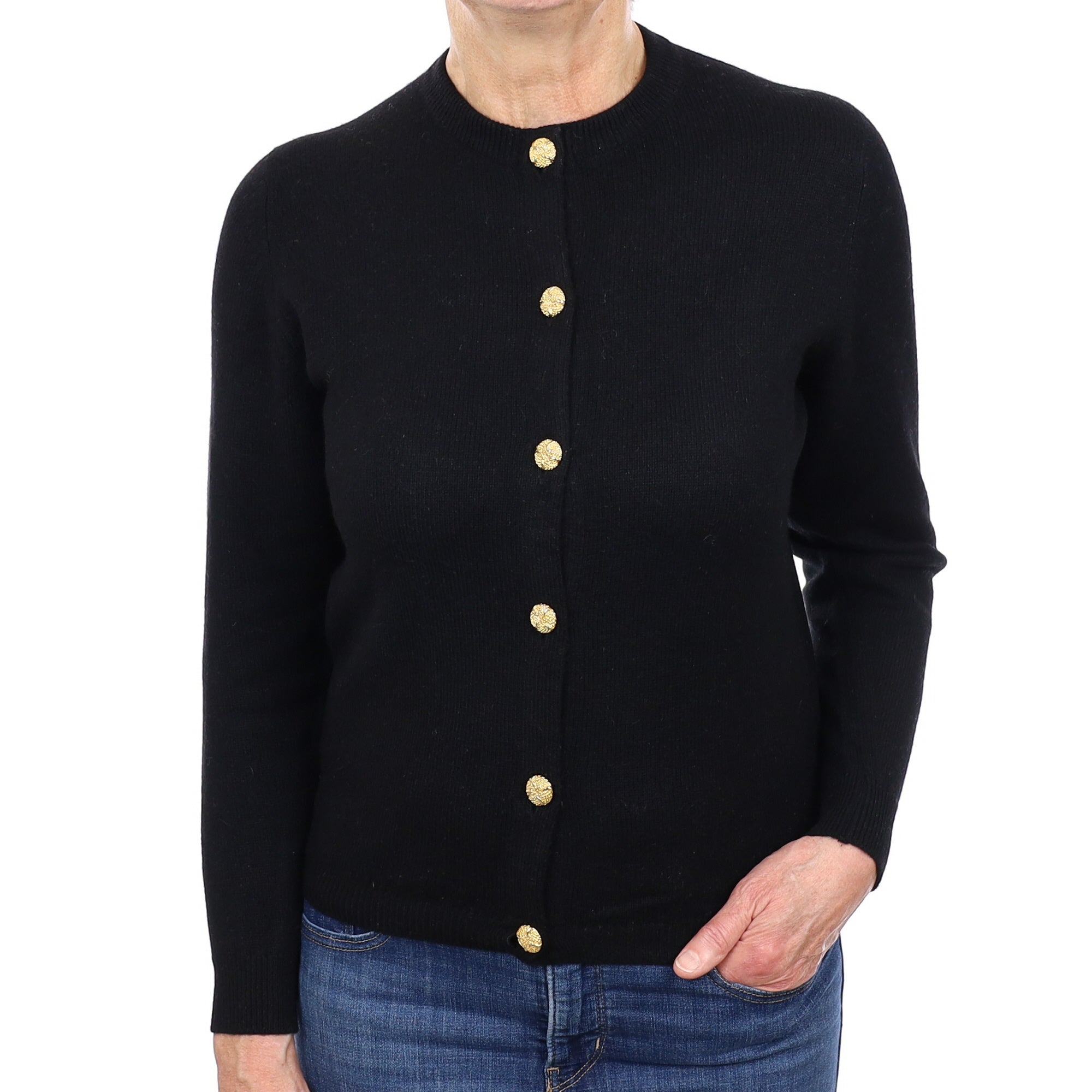 Scottish Black Cashmere Crew Neck Cardigan Medium