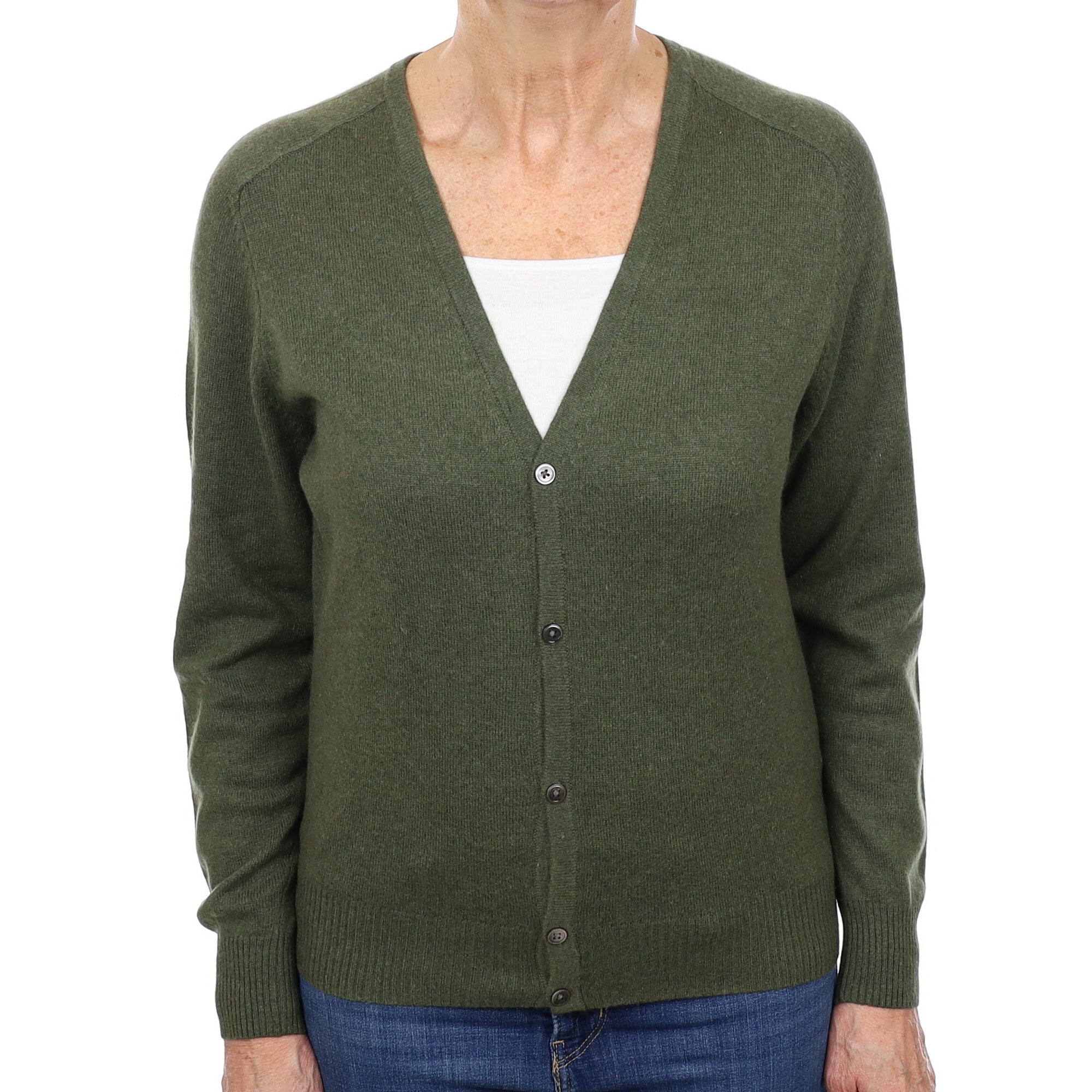 Deep Khaki Green Cashmere V Neck Cardigan Medium
