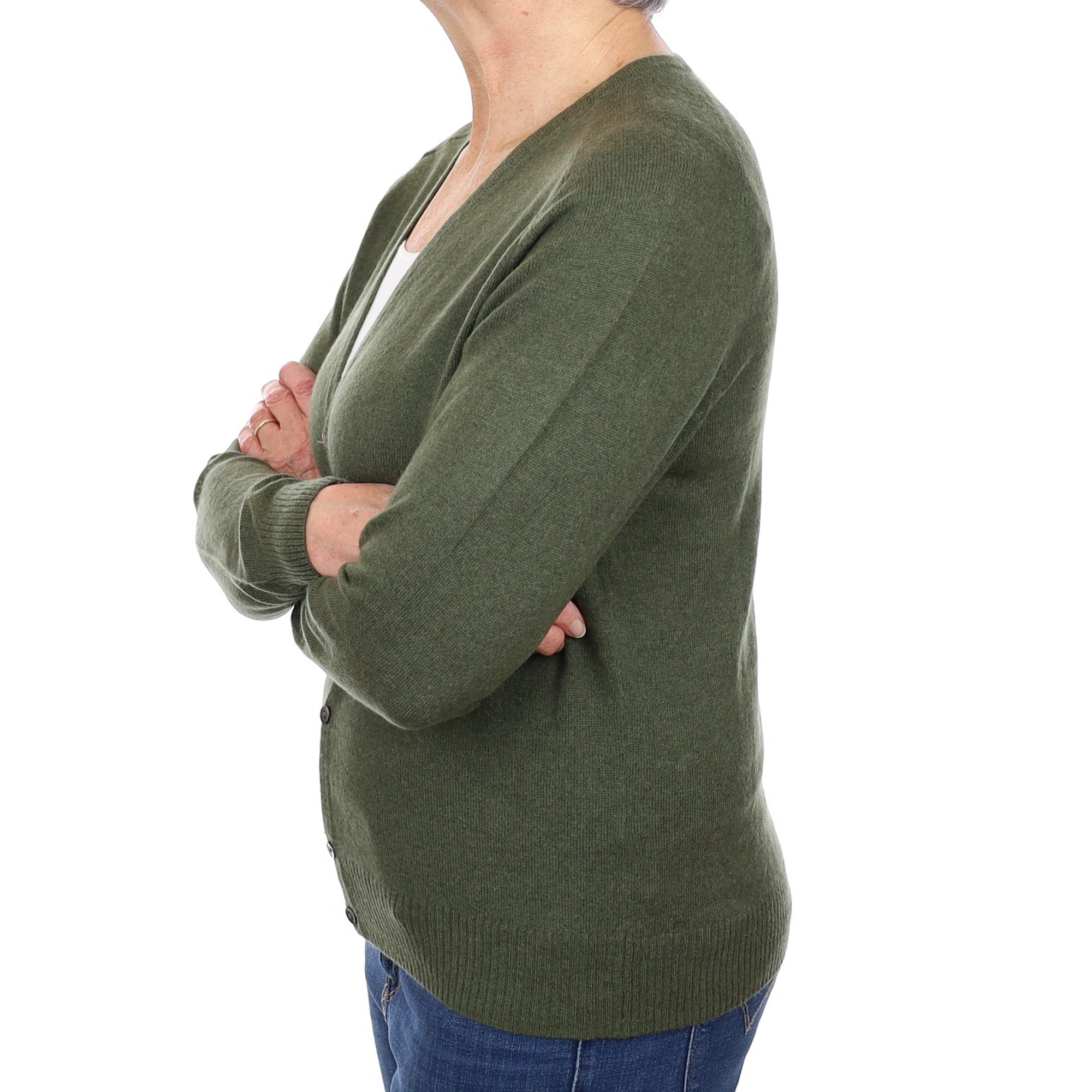 Deep Khaki Green Cashmere V Neck Cardigan Medium