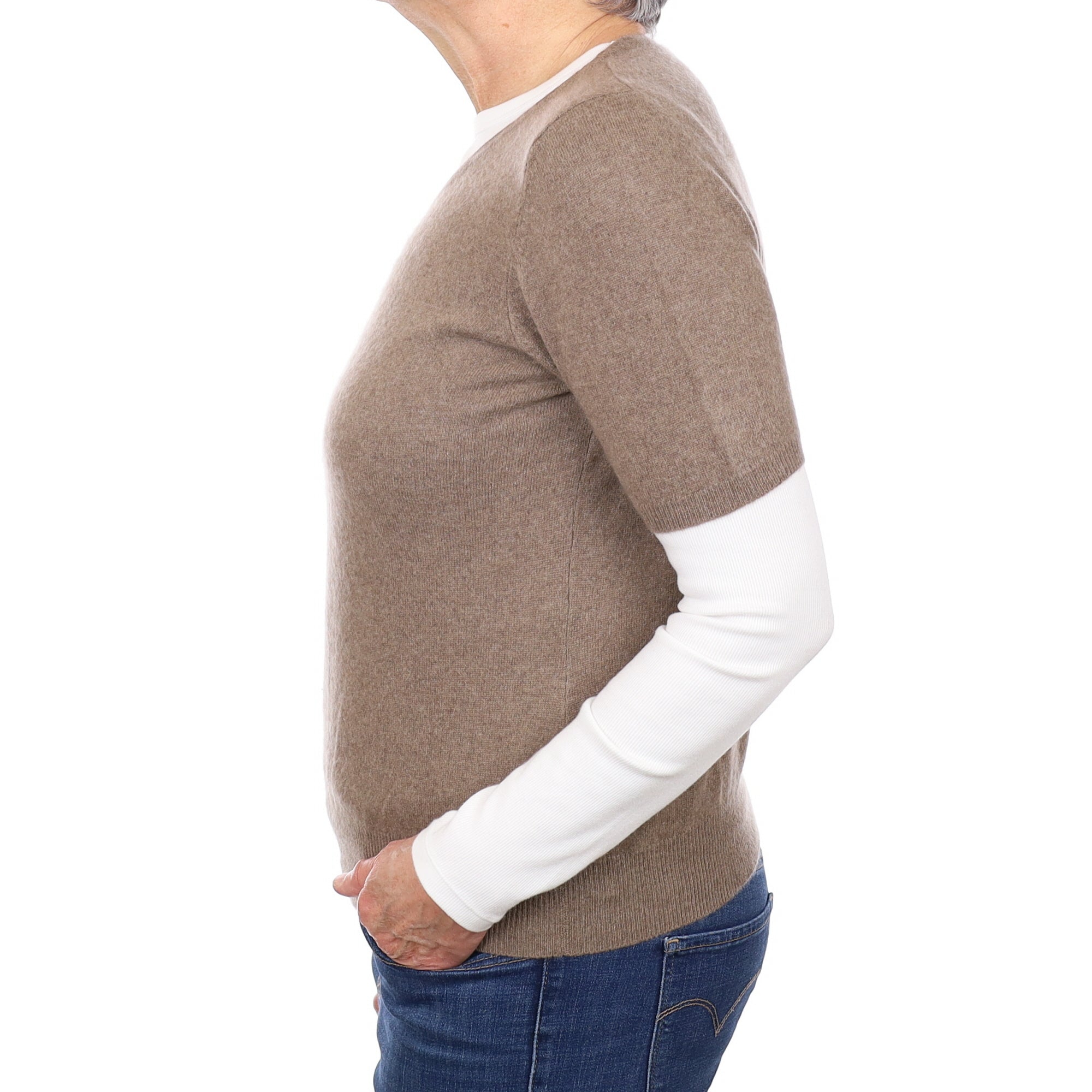 Taupe Brown Cashmere Short-Sleeved Crew Neck Jumper Medium