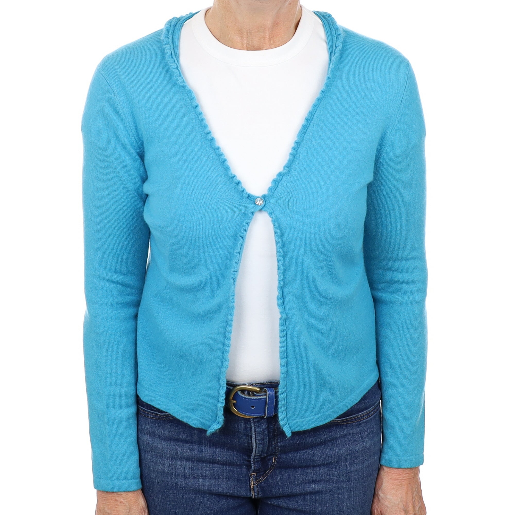 Turquoise Blue Cashmere Ruffle Edged Cardigan Medium