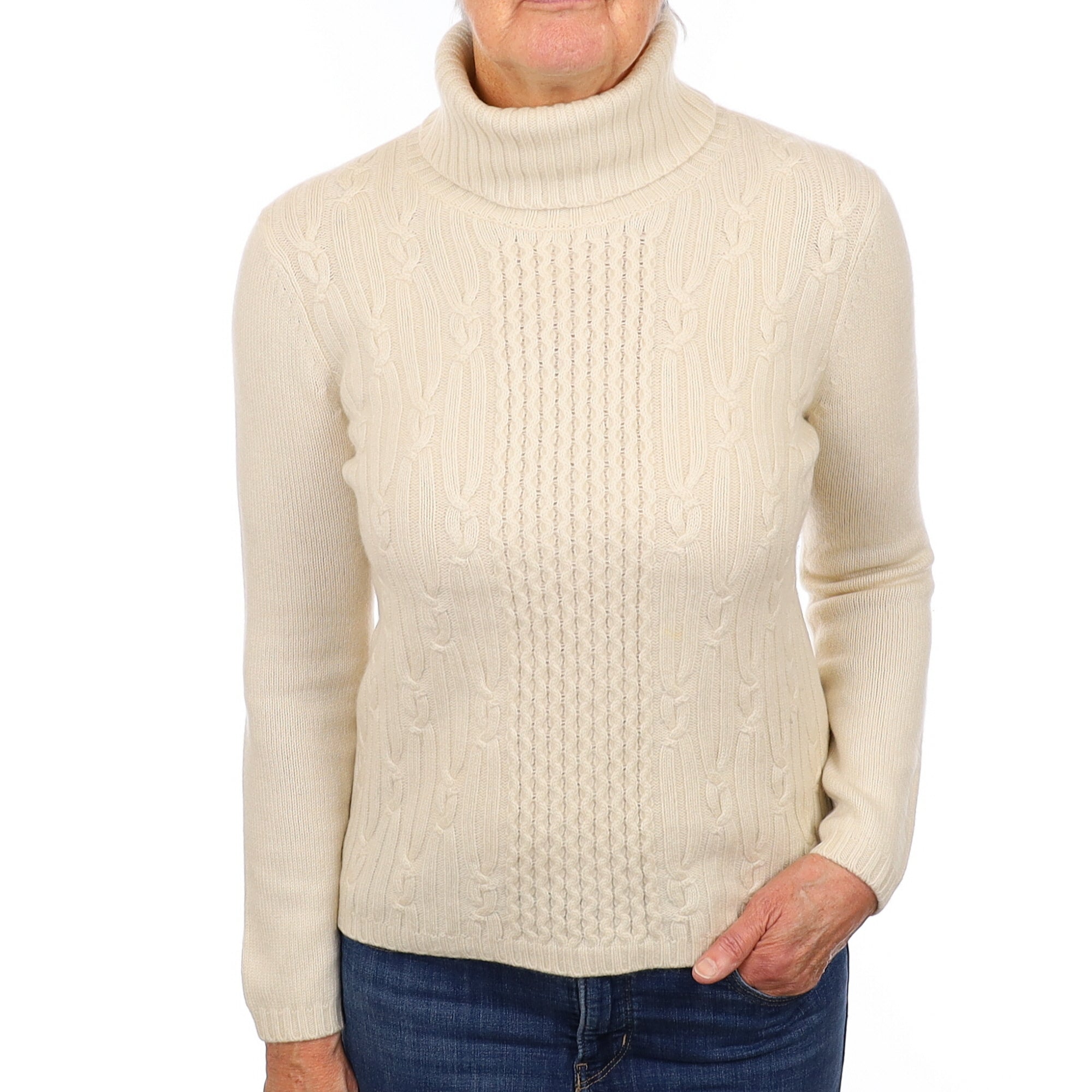 Ivory textured front Cashmere Polo Neck Jumper Medium