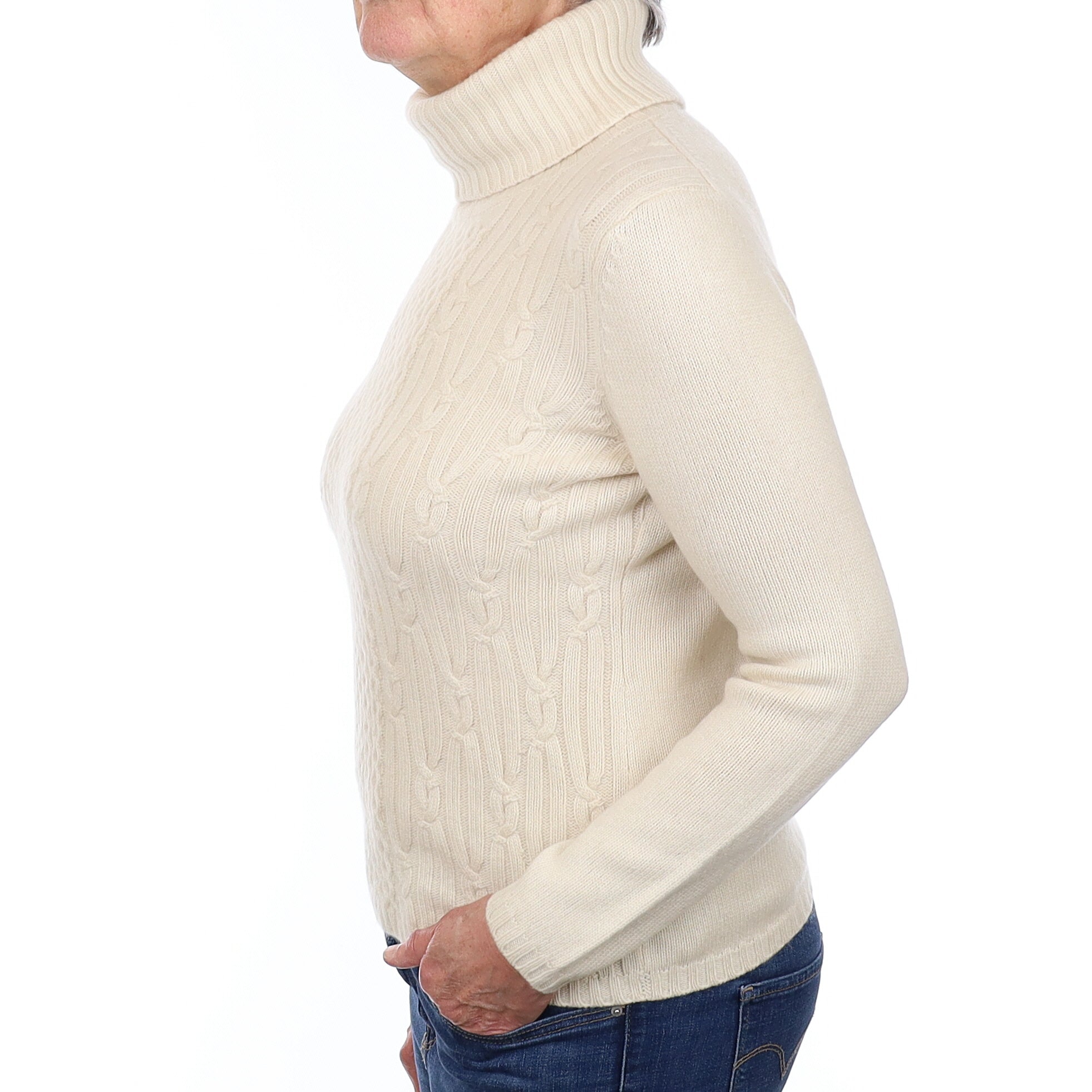Ivory textured front Cashmere Polo Neck Jumper Medium