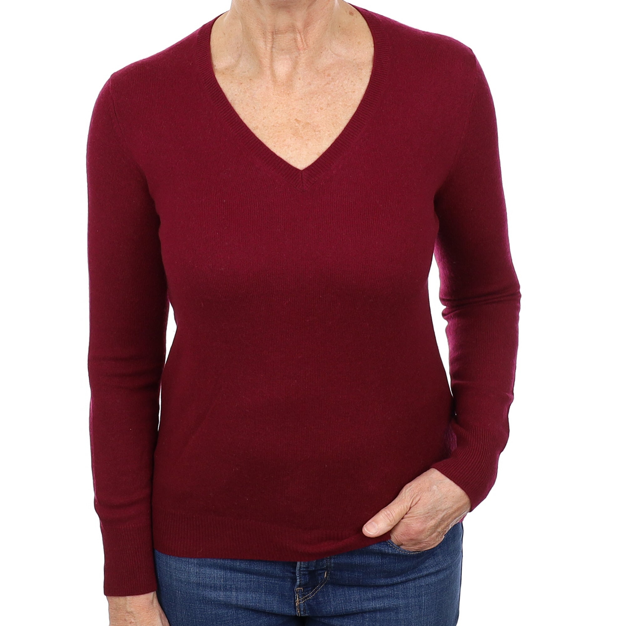 Burgundy Cashmere V Neck Jumper Medium
