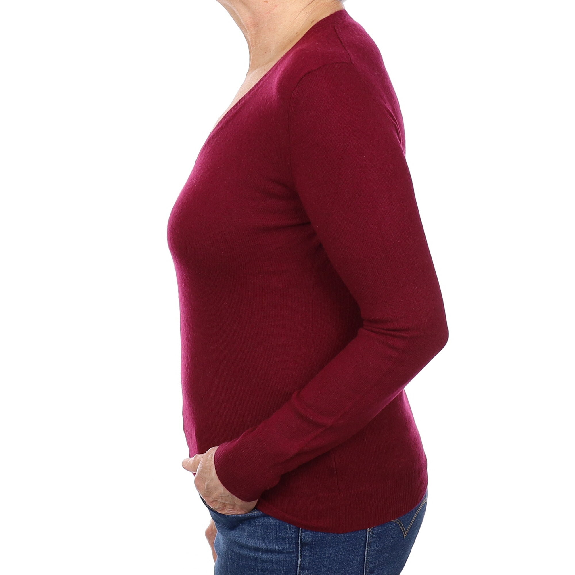 Burgundy Cashmere V Neck Jumper Medium