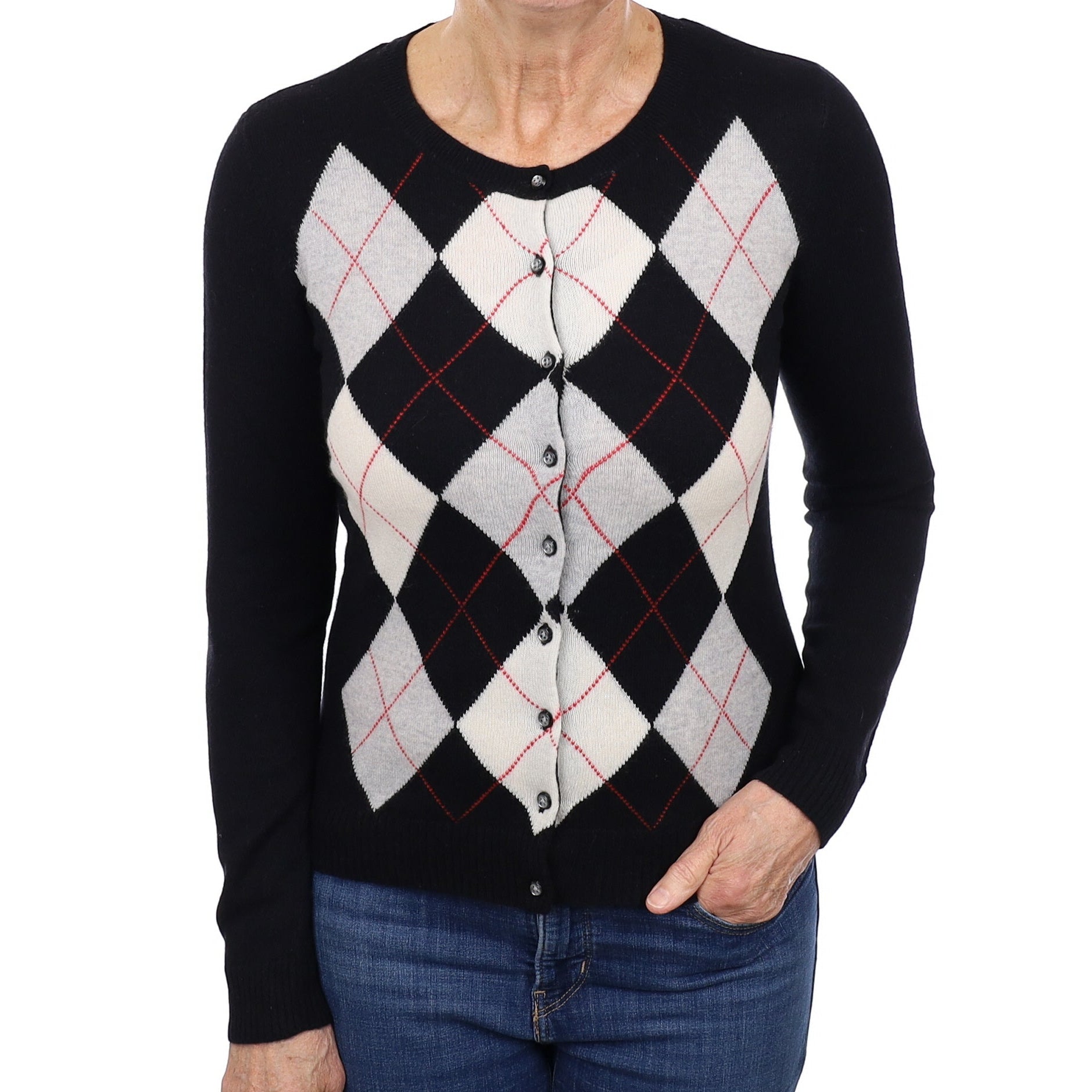 Black and Grey Argyle Cashmere Crew Neck Cardigan Medium