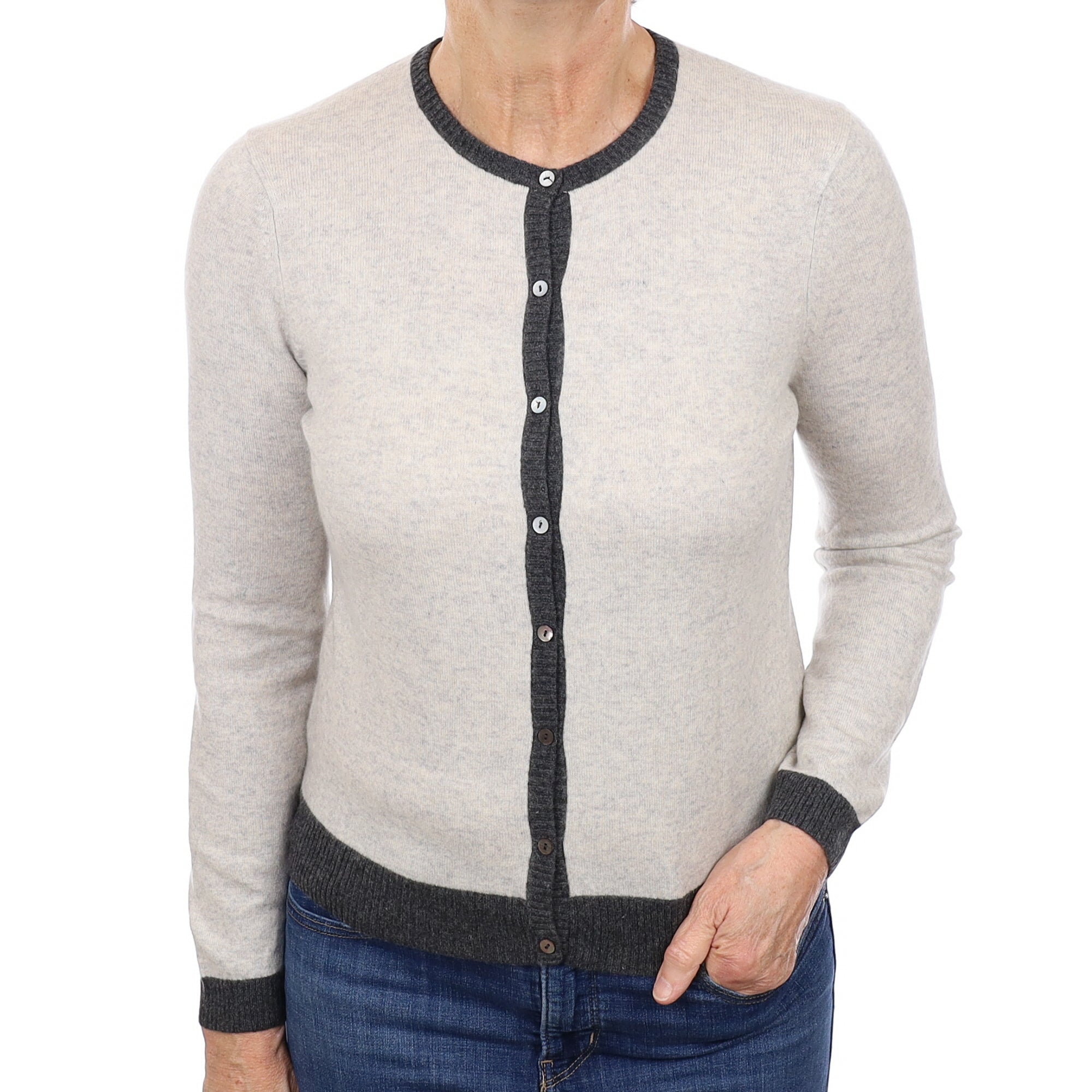 Oatmeal and Slate Grey Cashmere Crew Neck Cardigan Medium