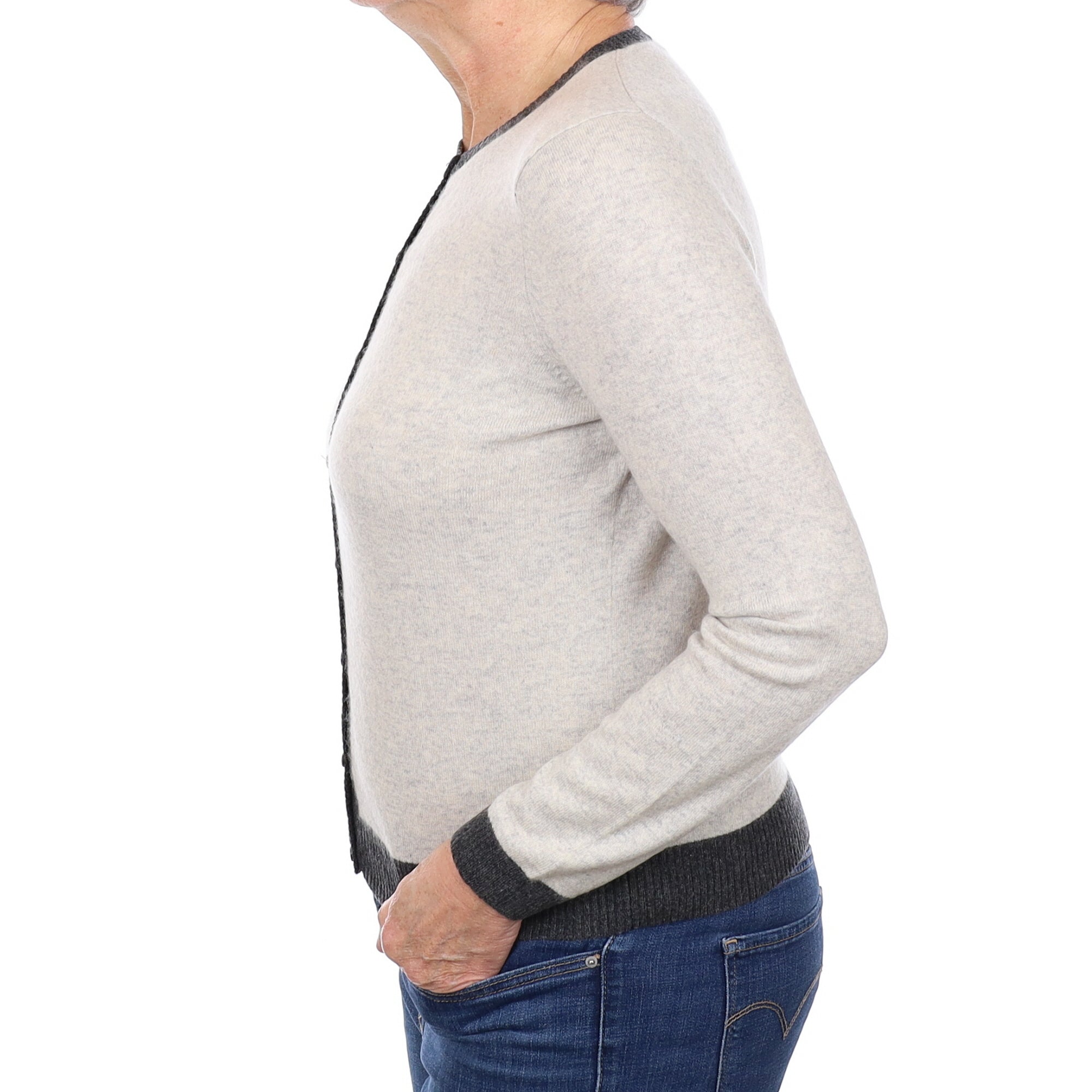 Oatmeal and Slate Grey Cashmere Crew Neck Cardigan Medium