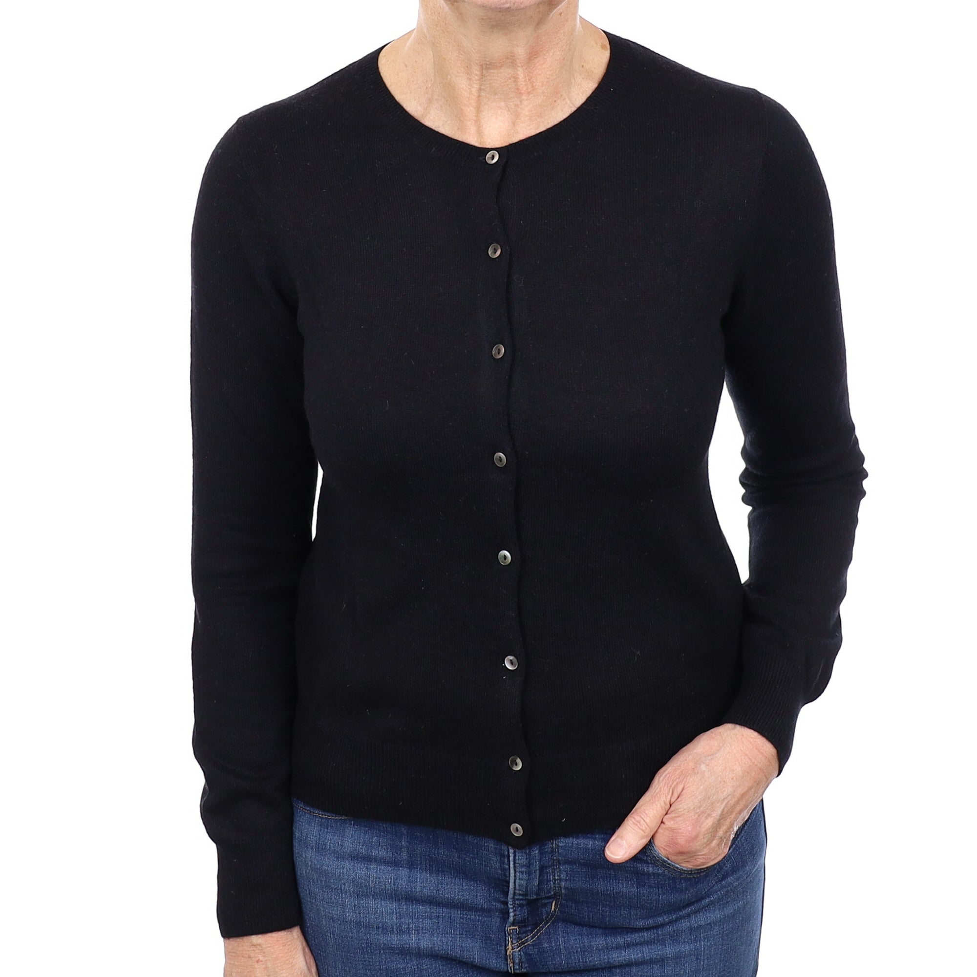 Black Cashmere Crew Neck Cardigan Medium