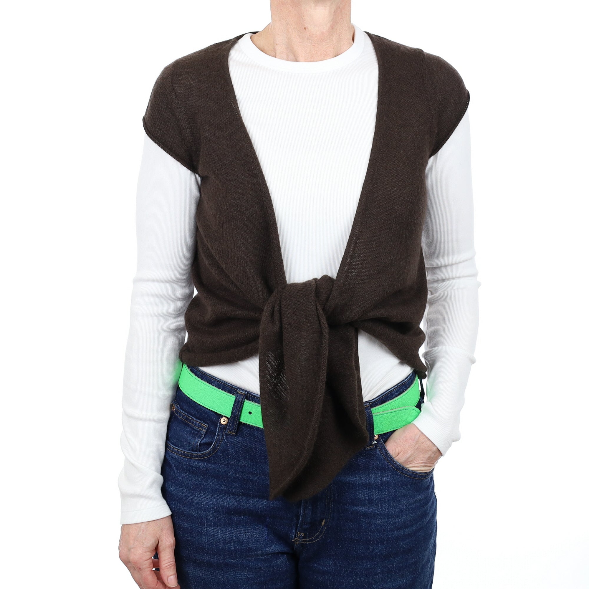 Chocolate Brown Cashmere Capped Sleeved Tie Front Cardigan Small