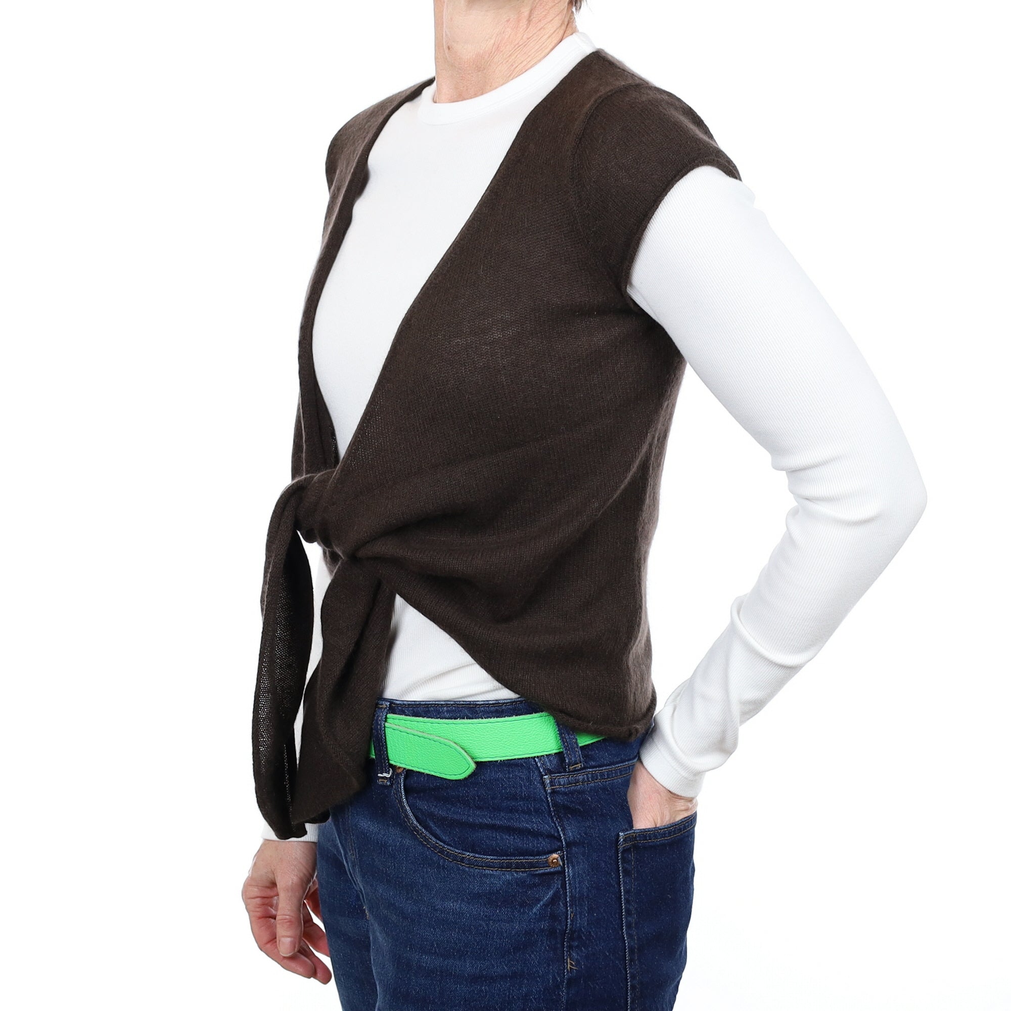 Chocolate Brown Cashmere Capped Sleeved Tie Front Cardigan Small