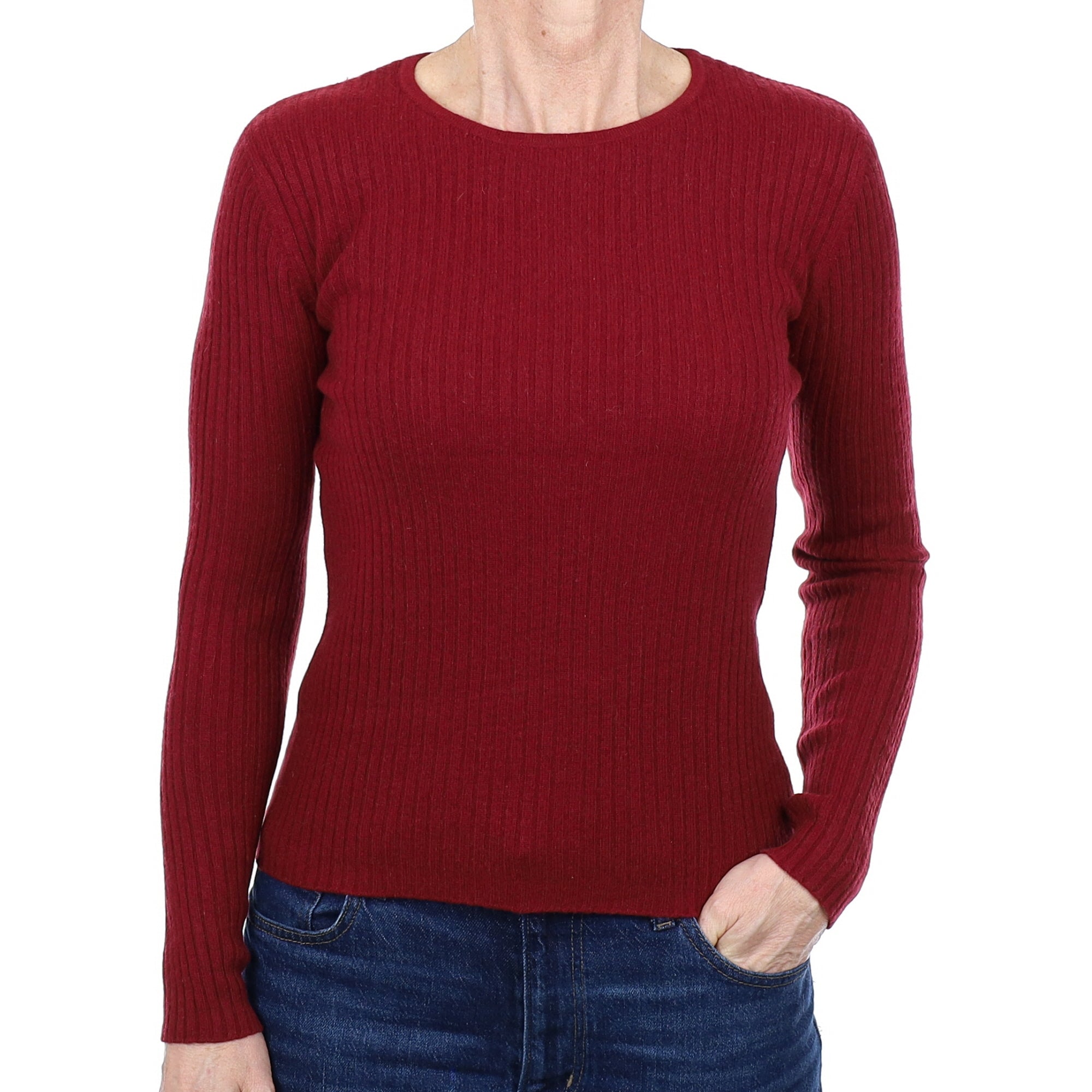 Burgundy Red Ribbed Cashmere Crew Neck Jumper Small